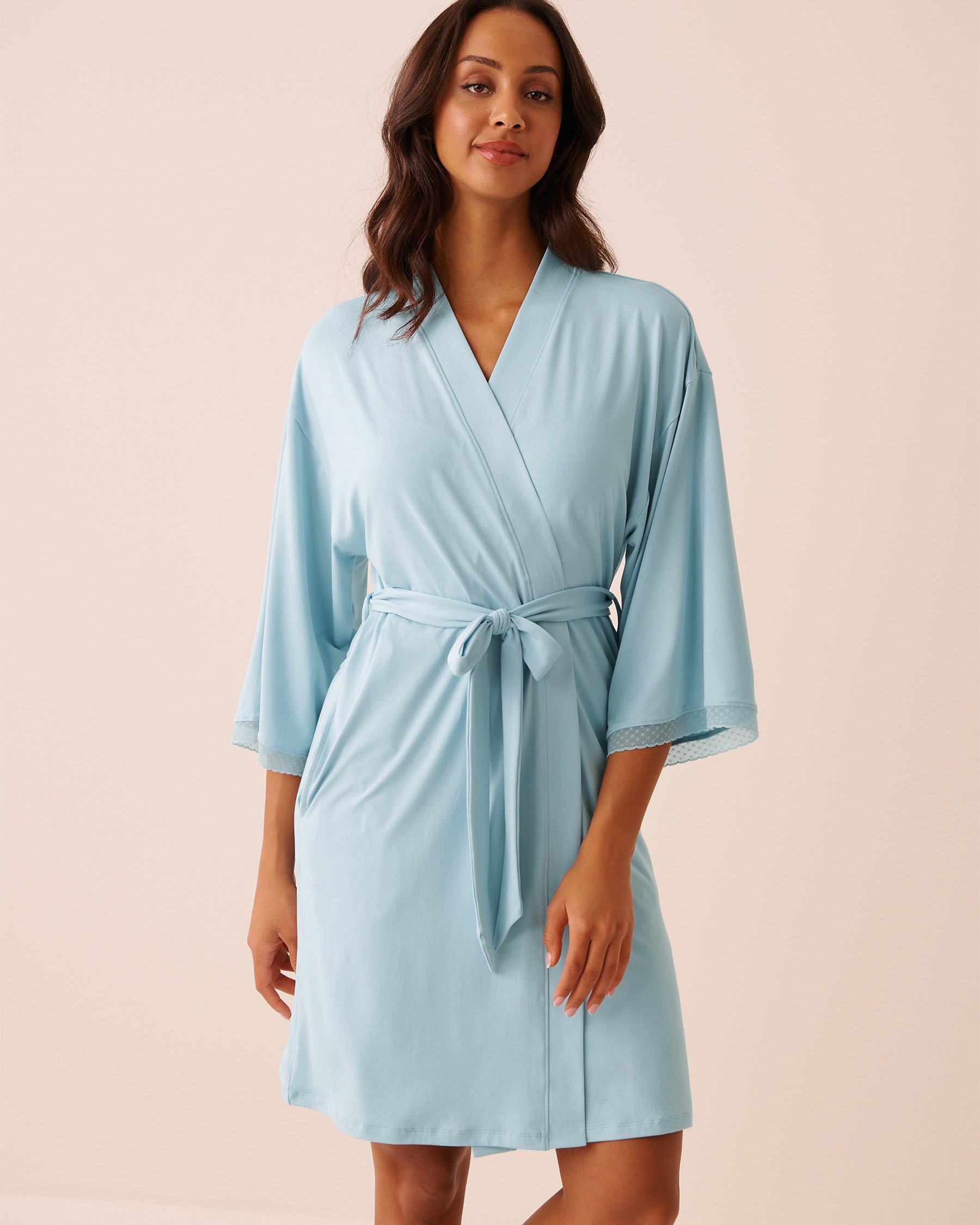 LA VIE EN ROSE Super Soft Lace Trim Kimono Baby Blue 40600228 - View4