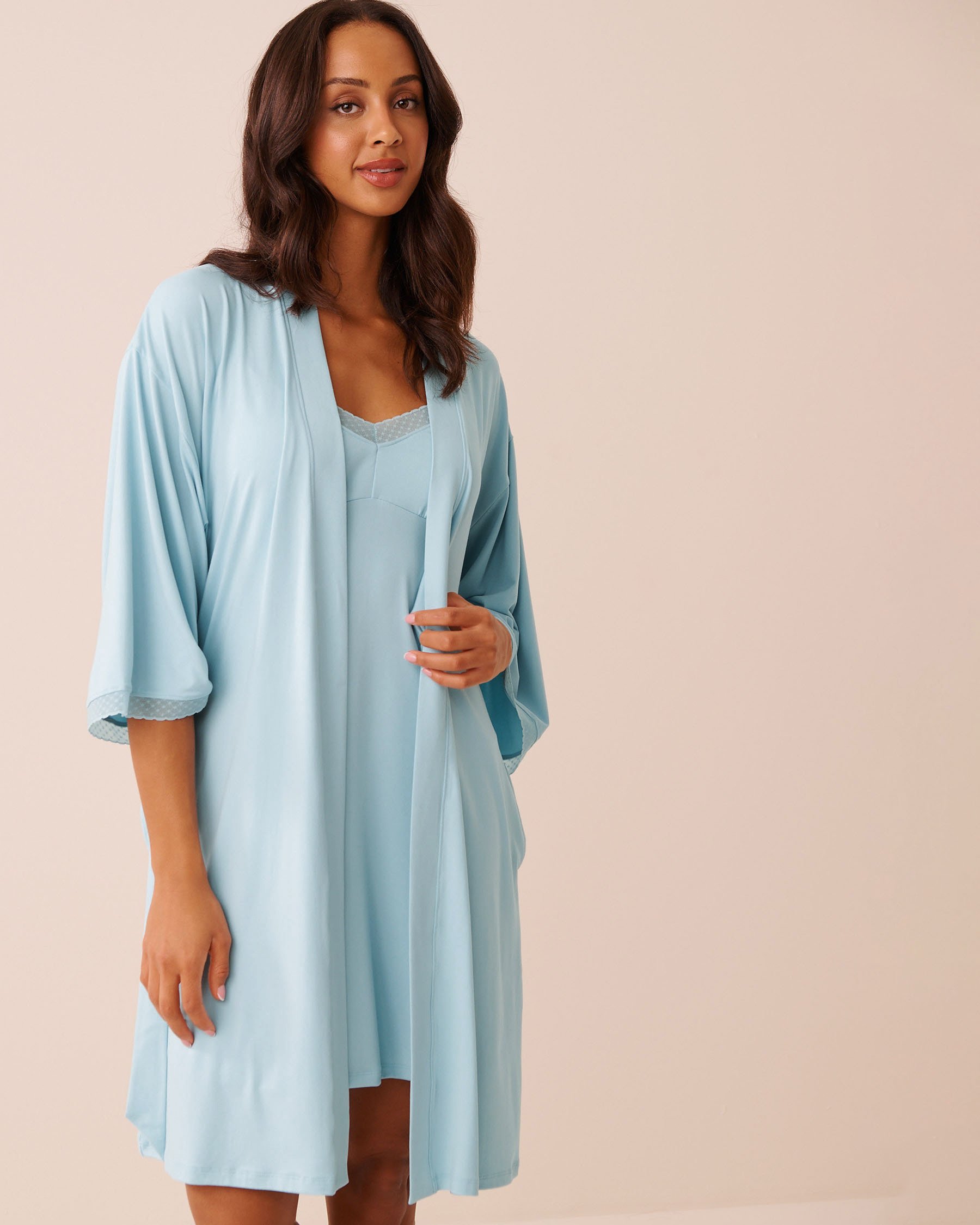 LA VIE EN ROSE Super Soft Lace Trim Kimono Baby Blue 40600228 - View5