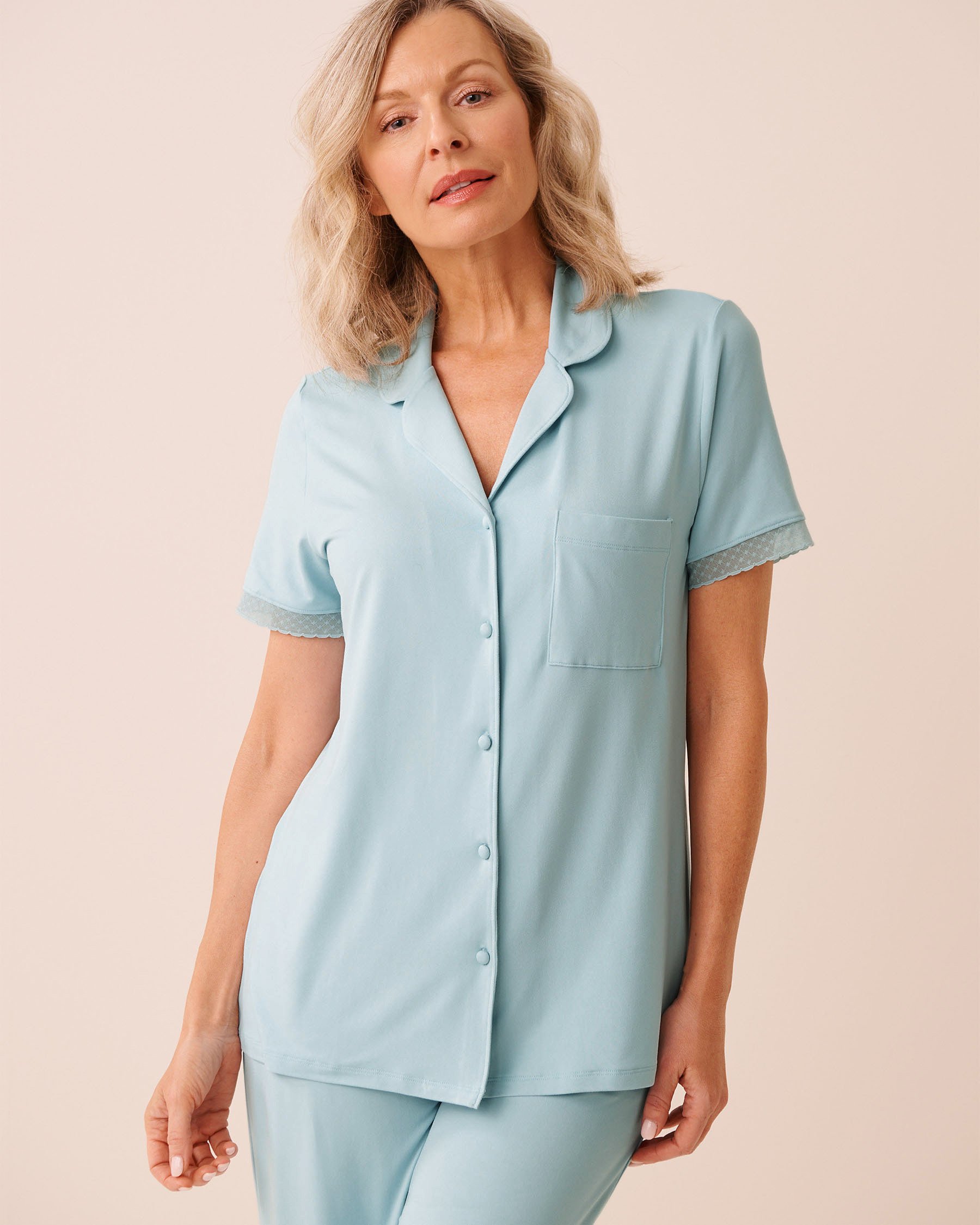 LA VIE EN ROSE Super Soft Lace Trim Short Sleeve Button-down Shirt Baby Blue 40100853 - View1