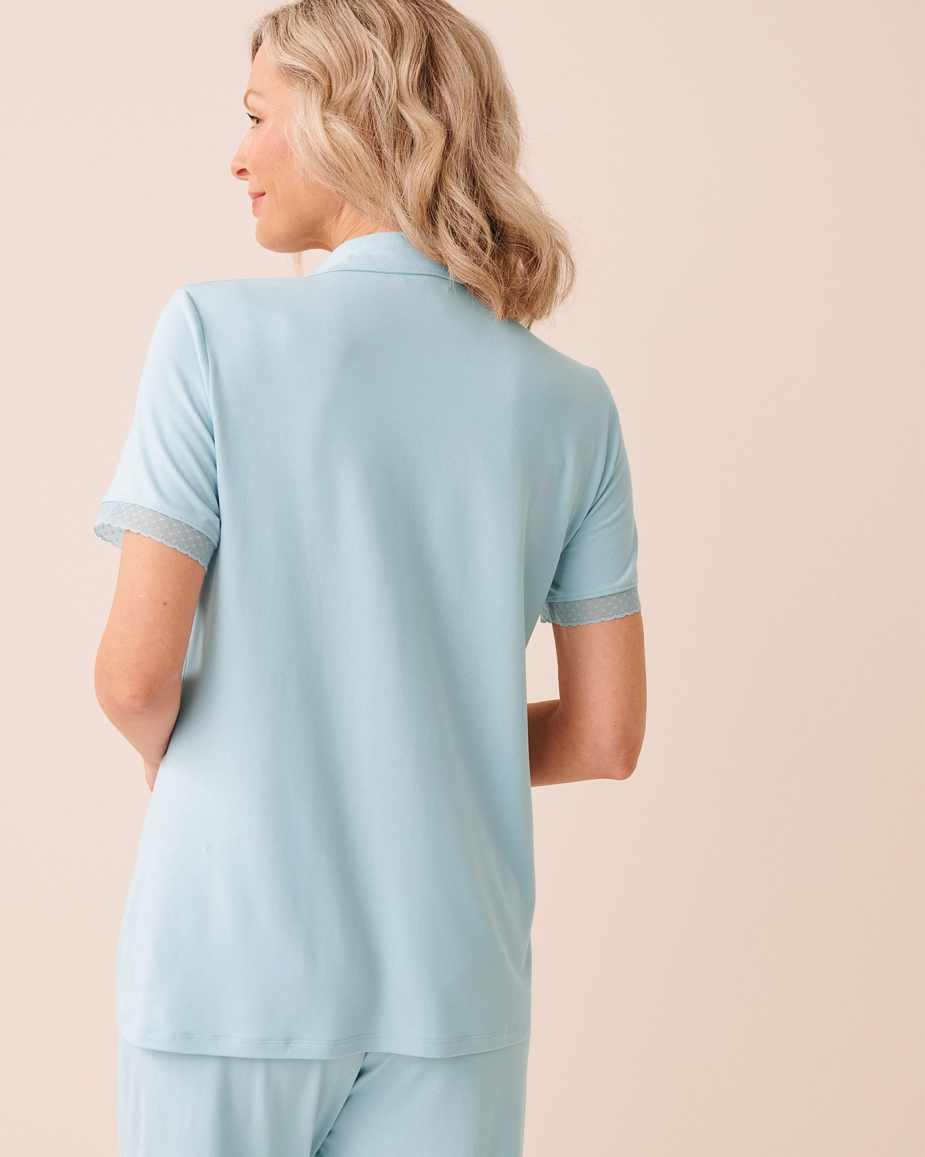 LA VIE EN ROSE Super Soft Lace Trim Short Sleeve Button-down Shirt Baby Blue 40100853 - View2