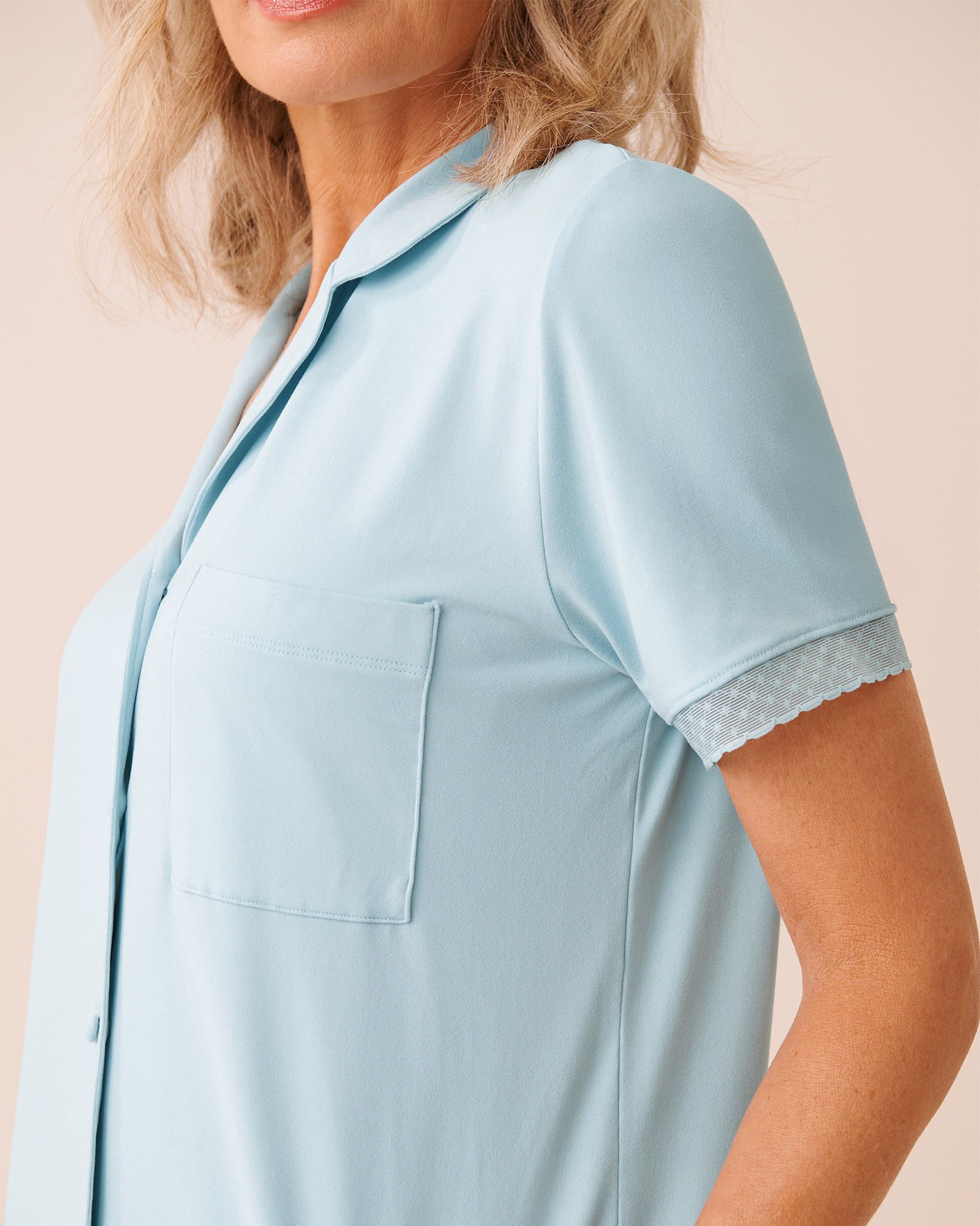 LA VIE EN ROSE Super Soft Lace Trim Short Sleeve Button-down Shirt Baby Blue 40100853 - View3