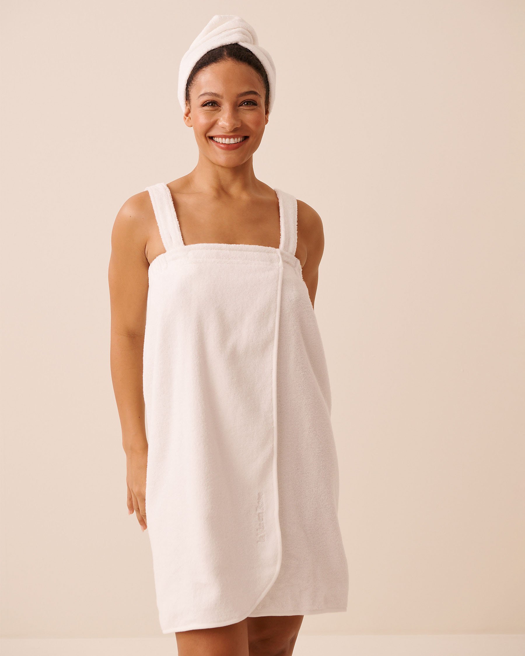 LA VIE EN ROSE Ensemble serviette attachable en ratine et serviette pour cheveux Blanc 40600229 - Voir1