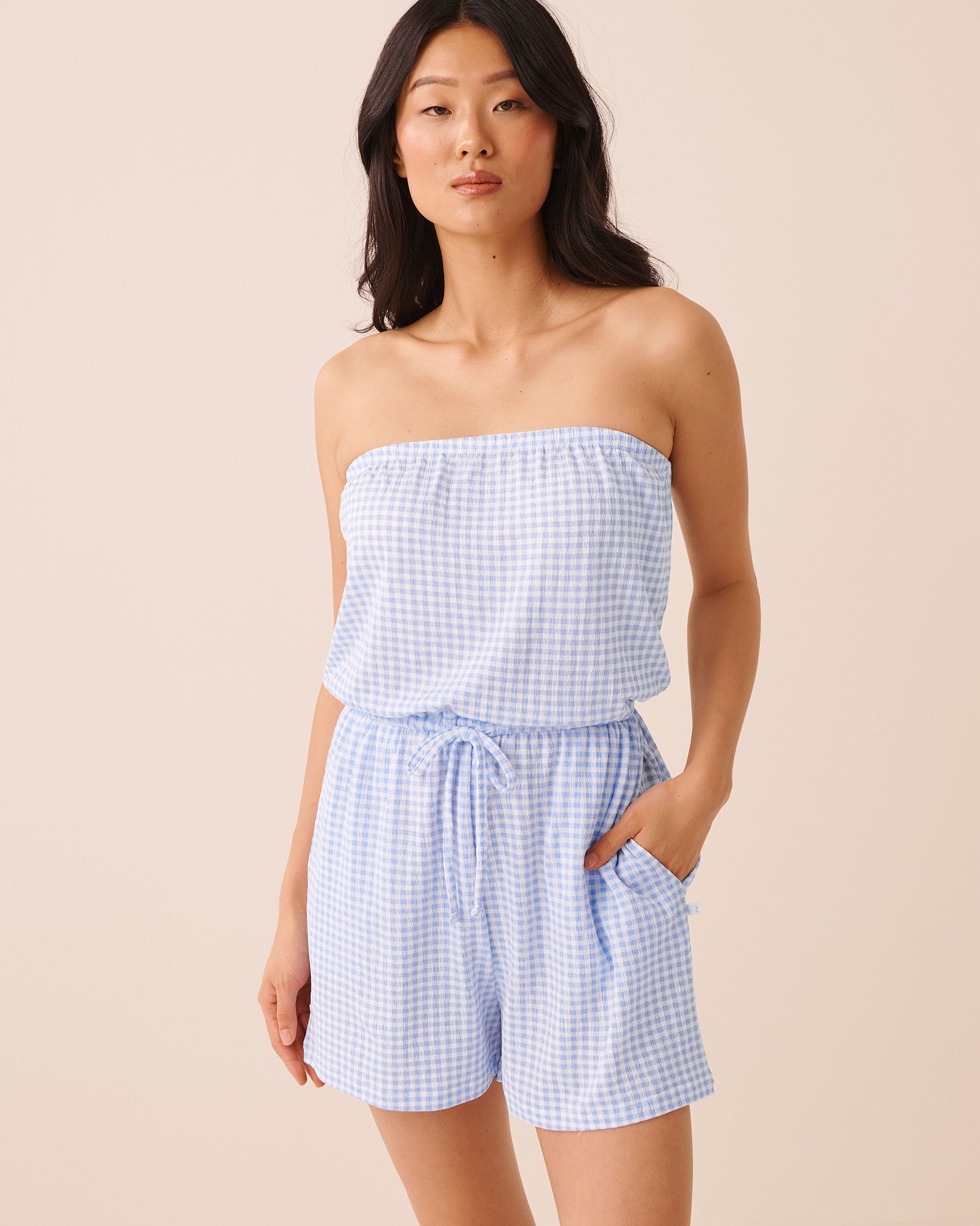LA VIE EN ROSE AQUA Combishort sans manches imprimé Vichy Vichy bleu 80300137 - View2