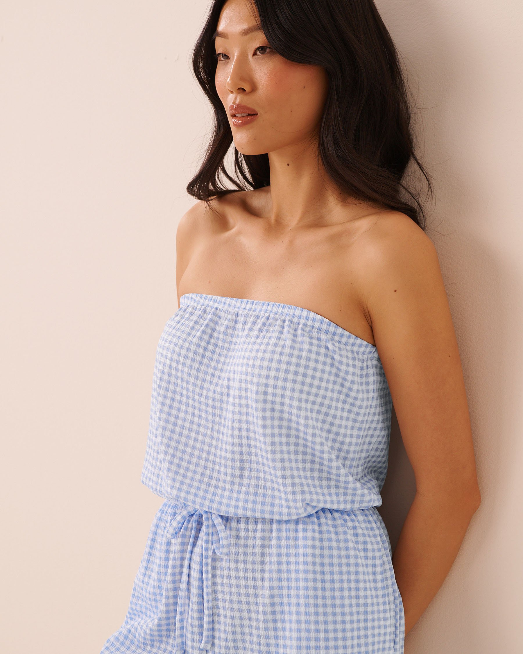 LA VIE EN ROSE AQUA Gingham Print Sleeveless Romper Blue Gingham 80300137 - View4