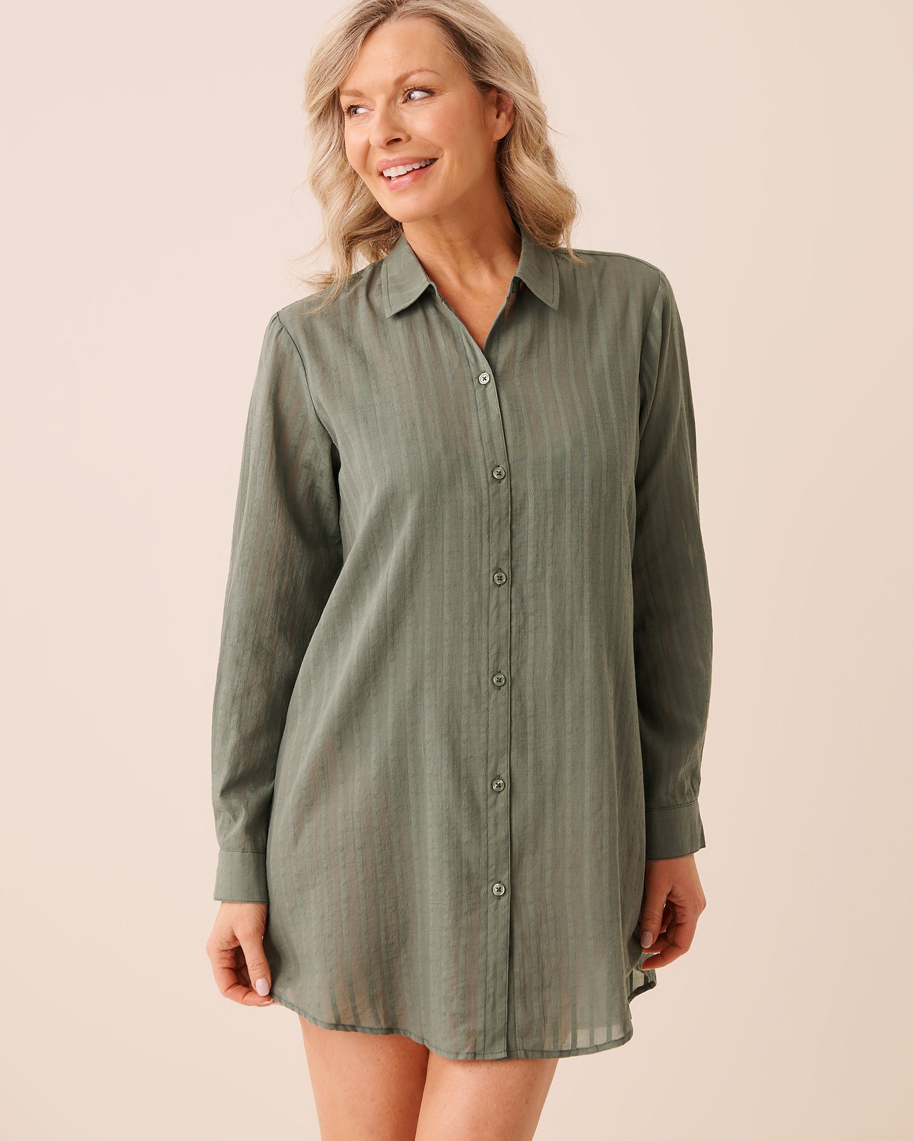 LA VIE EN ROSE AQUA Striped Long Button-down Shirt Earthy Green 80100047 - View2