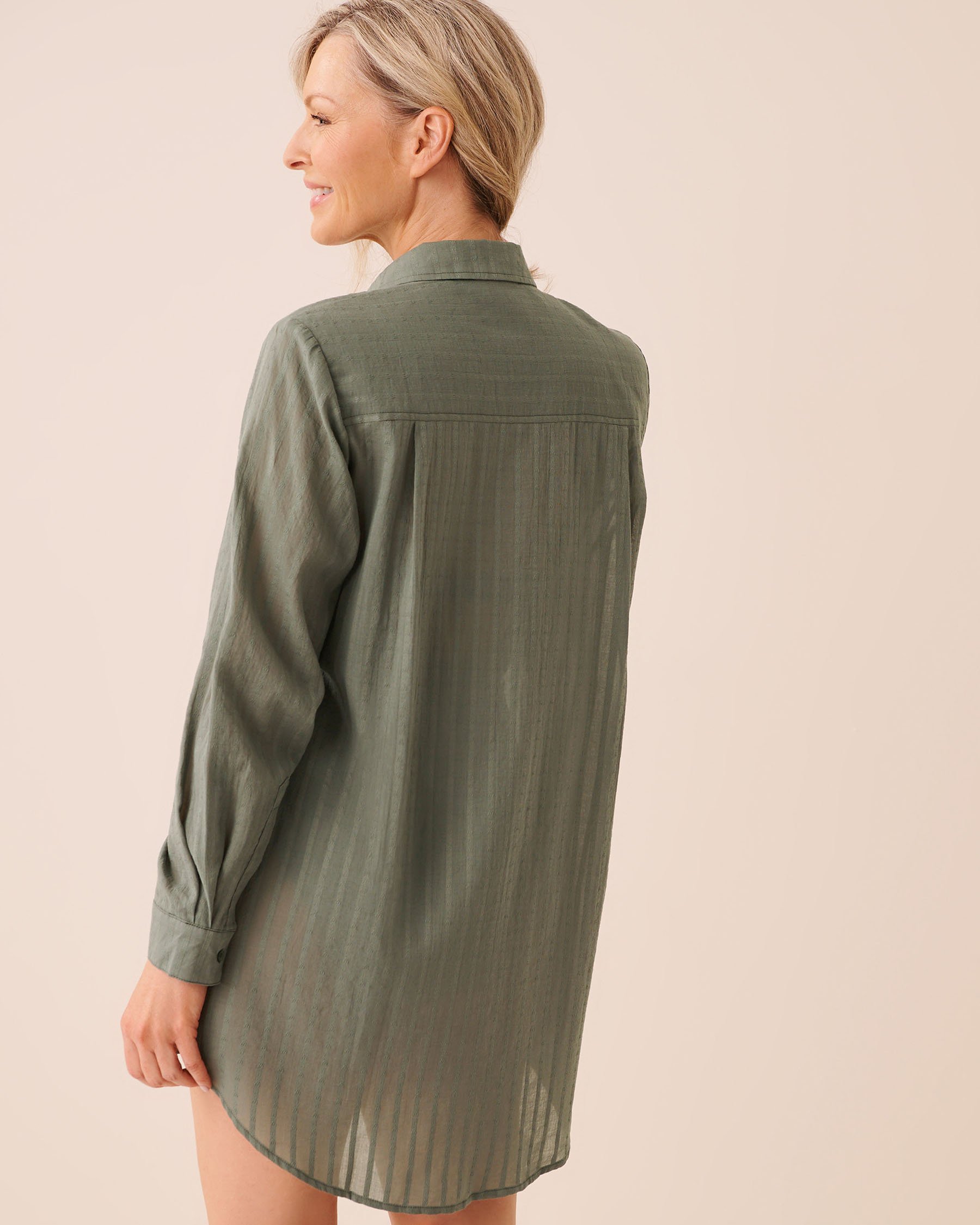 LA VIE EN ROSE AQUA Striped Long Button-down Shirt Earthy Green 80100047 - View3