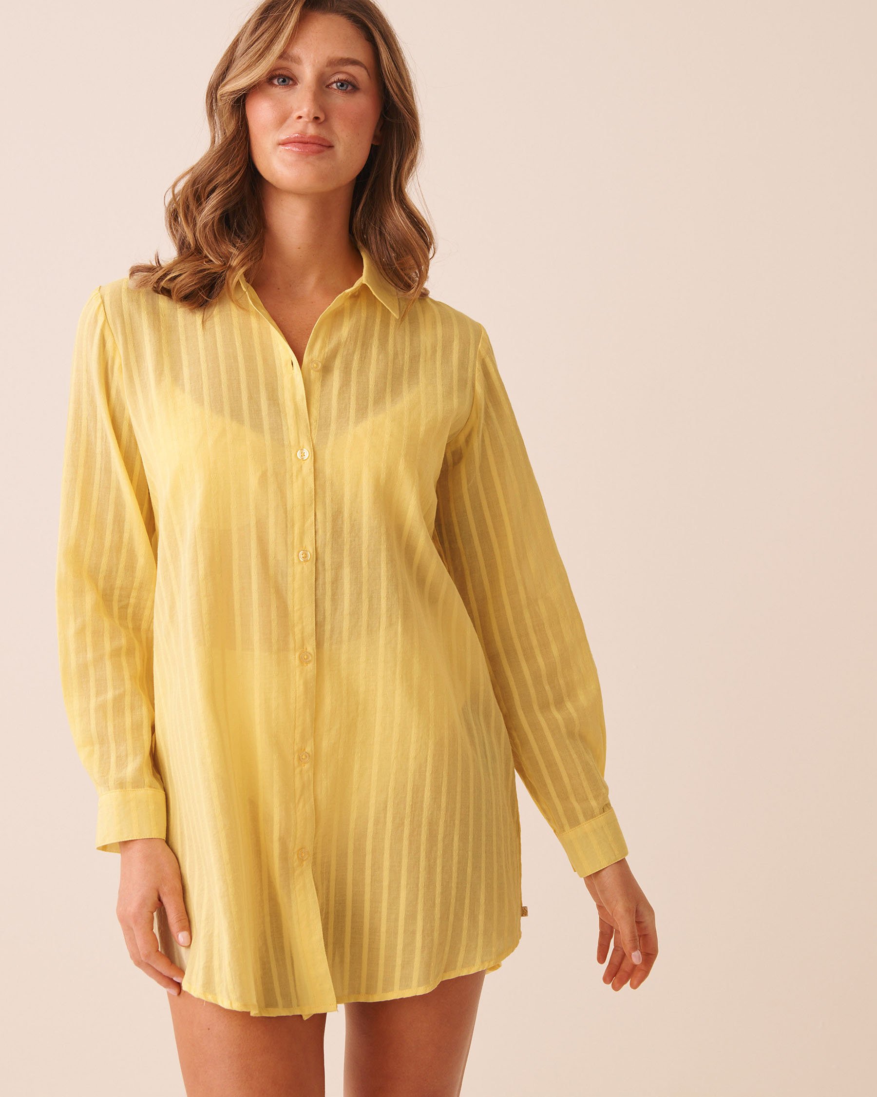 LA VIE EN ROSE AQUA Striped Long Button-down Shirt Lemon Sorbet 80100047 - View1