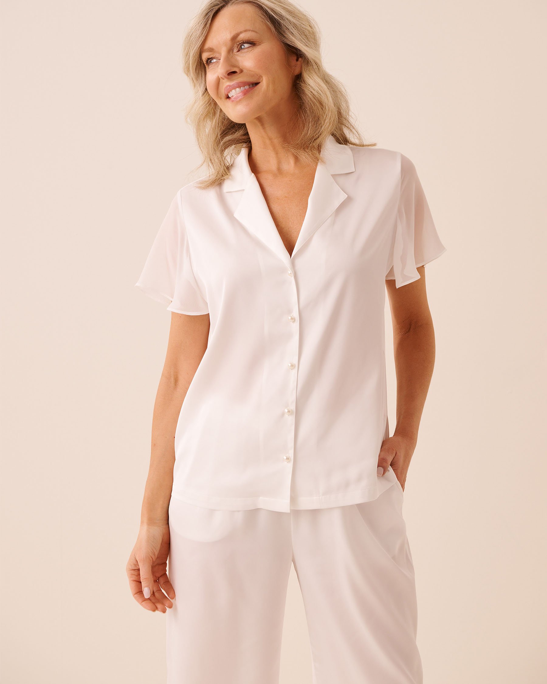 LA VIE EN ROSE Beaded Satin and Chiffon Short Sleeve Button-Down Shirt White 60100194 - View1