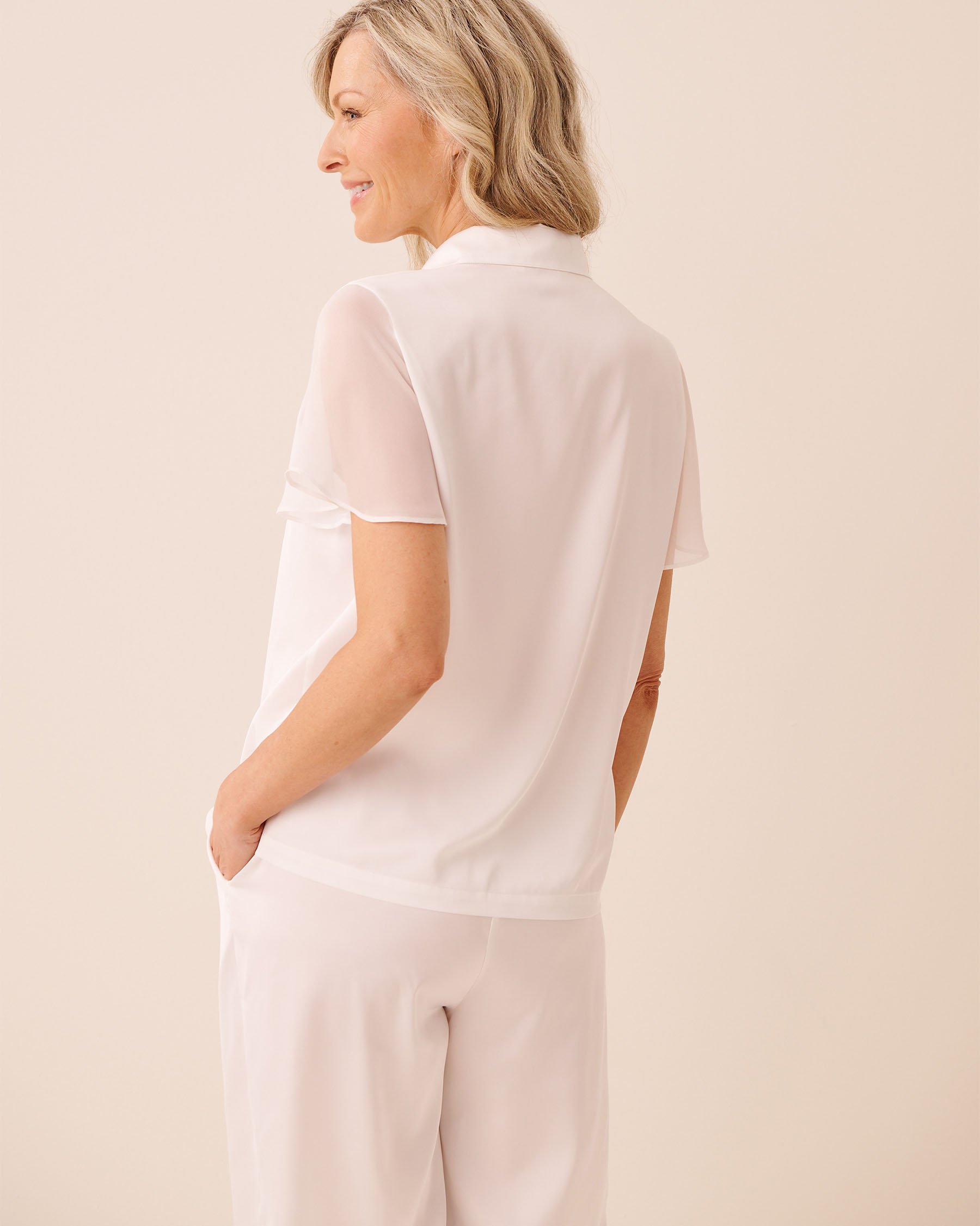 LA VIE EN ROSE Beaded Satin and Chiffon Short Sleeve Button-Down Shirt White 60100194 - View2