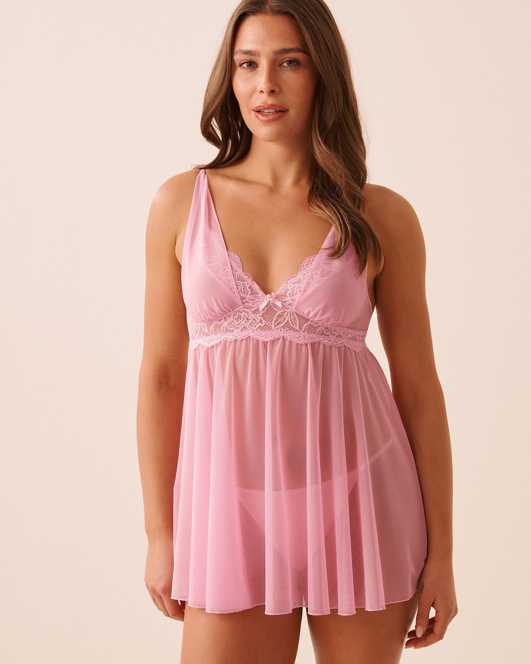 LA VIE EN ROSE Floral Lace and Mesh Babydoll Pink 60500240 - View1
