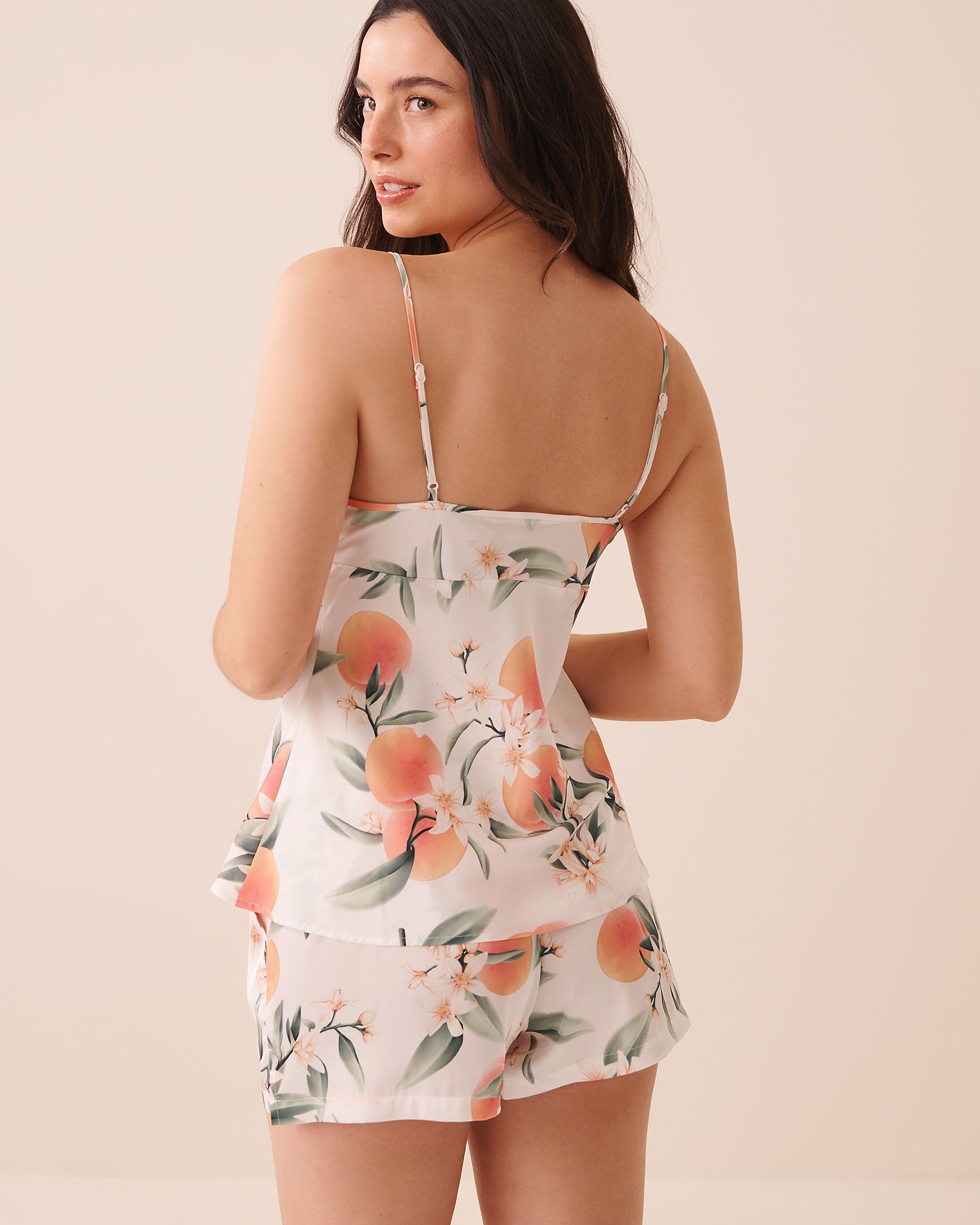 LA VIE EN ROSE Peach Print Keyhole Tie Satin Cami White/Peaches 60100195 - View2