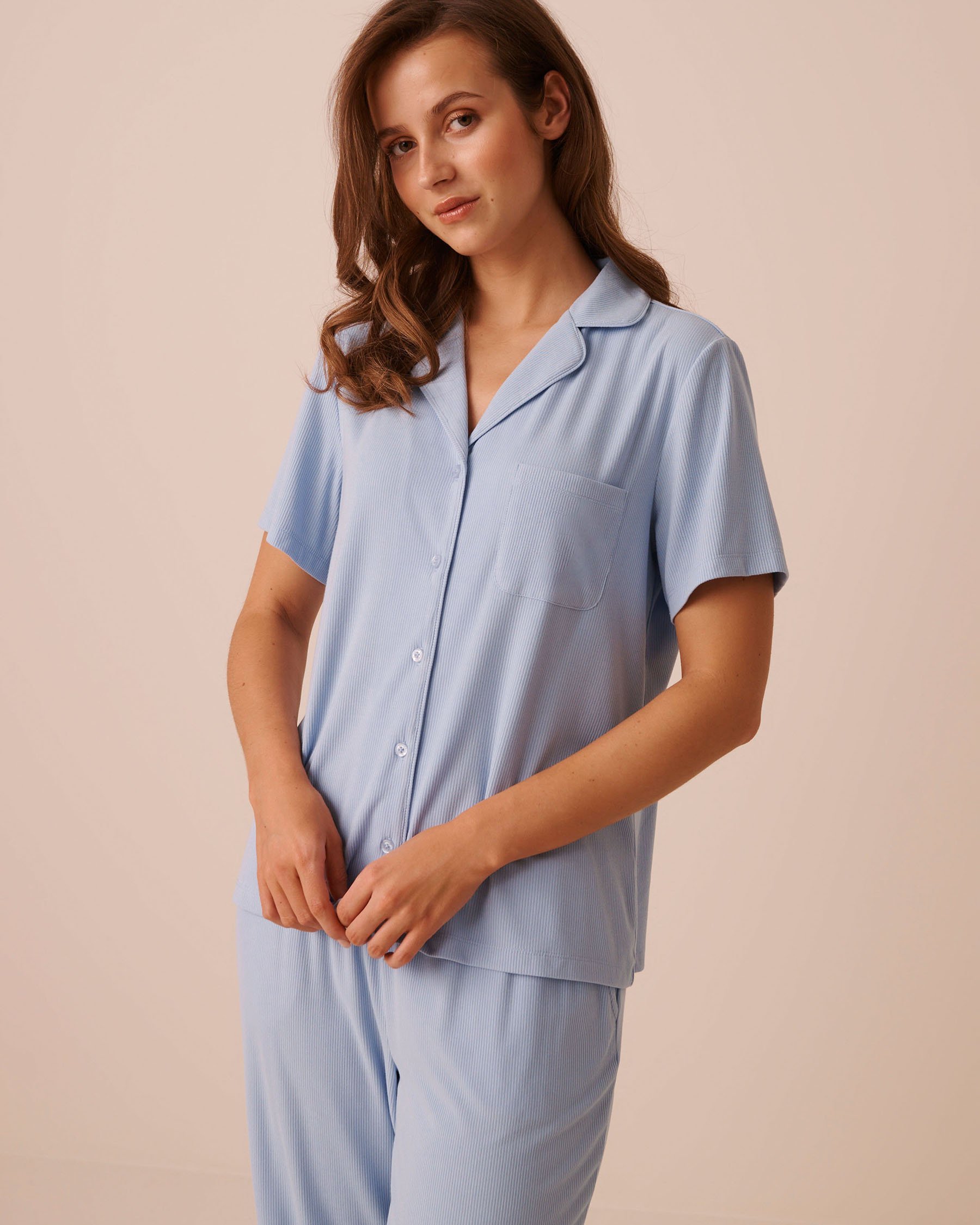 LA VIE EN ROSE Ribbed Modal Short Sleeve Button-down Shirt Cloud Blue 60100197 - View1