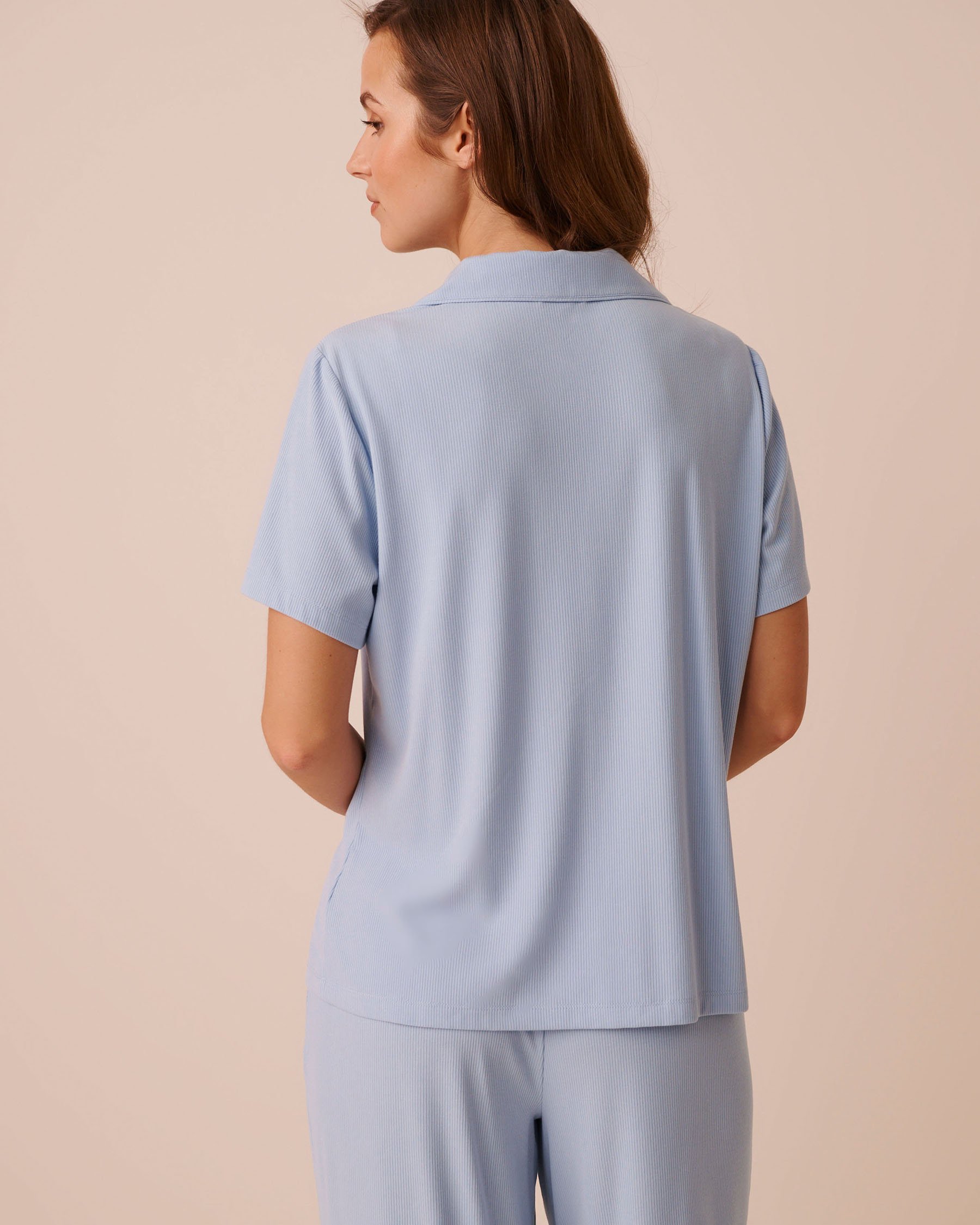 LA VIE EN ROSE Ribbed Modal Short Sleeve Button-down Shirt Cloud Blue 60100197 - View2