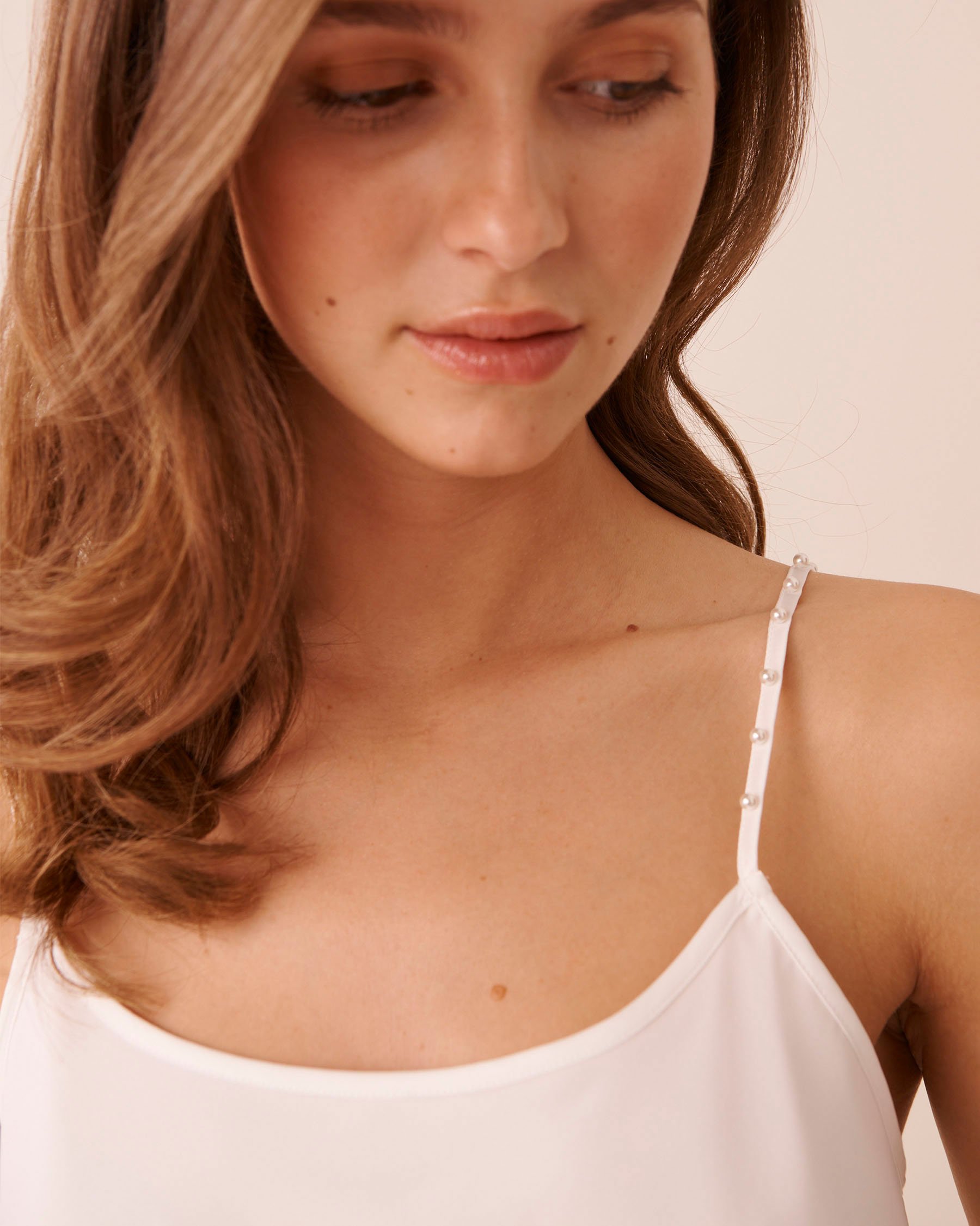 LA VIE EN ROSE Satin and Chiffon Cami with Beaded Straps White 60100193 - View5