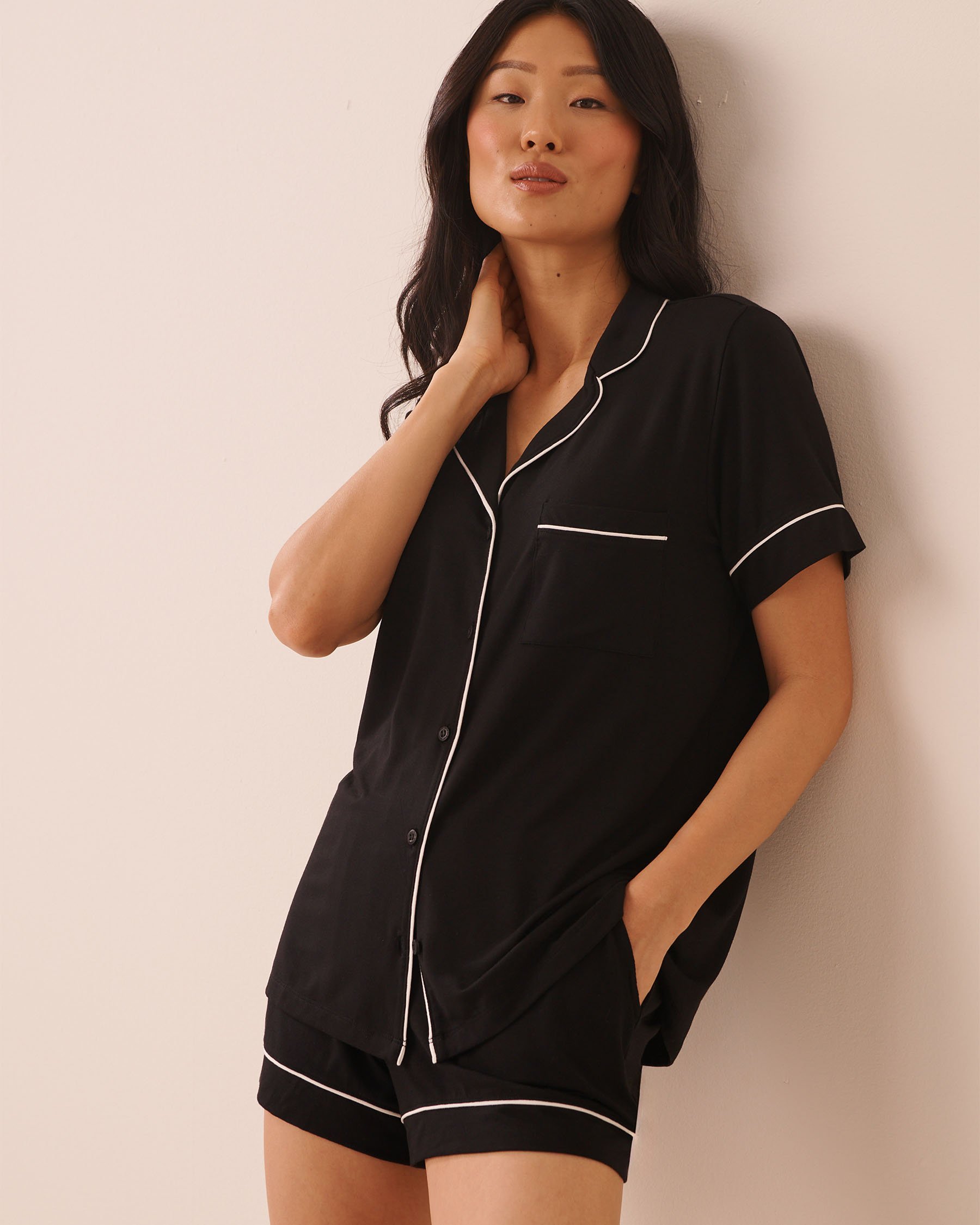 LA VIE EN ROSE Short Sleeve Modal Pajama Set Black 60400075 - View3