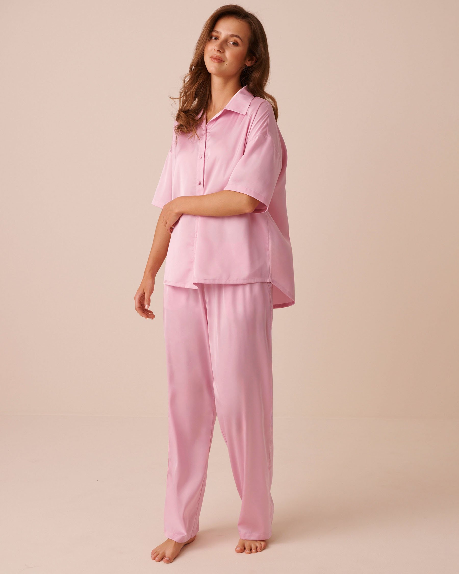 LA VIE EN ROSE Short Sleeve Satin Pajama Set Pink 60400076 - View4