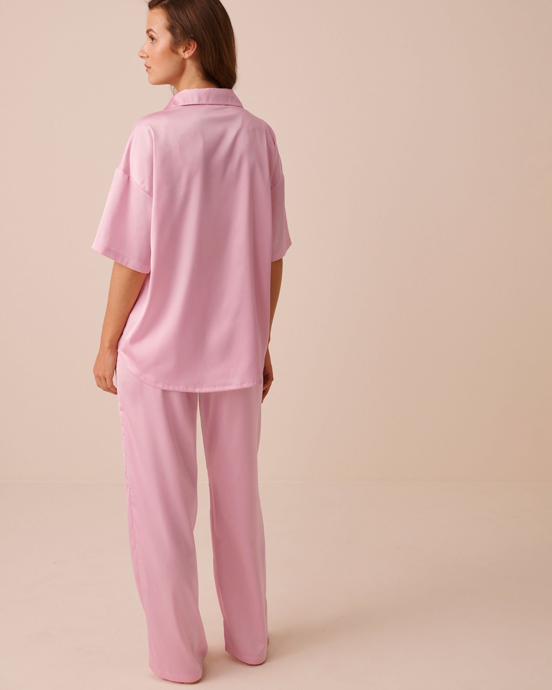 LA VIE EN ROSE Short Sleeve Satin Pajama Set Pink 60400076 - View5