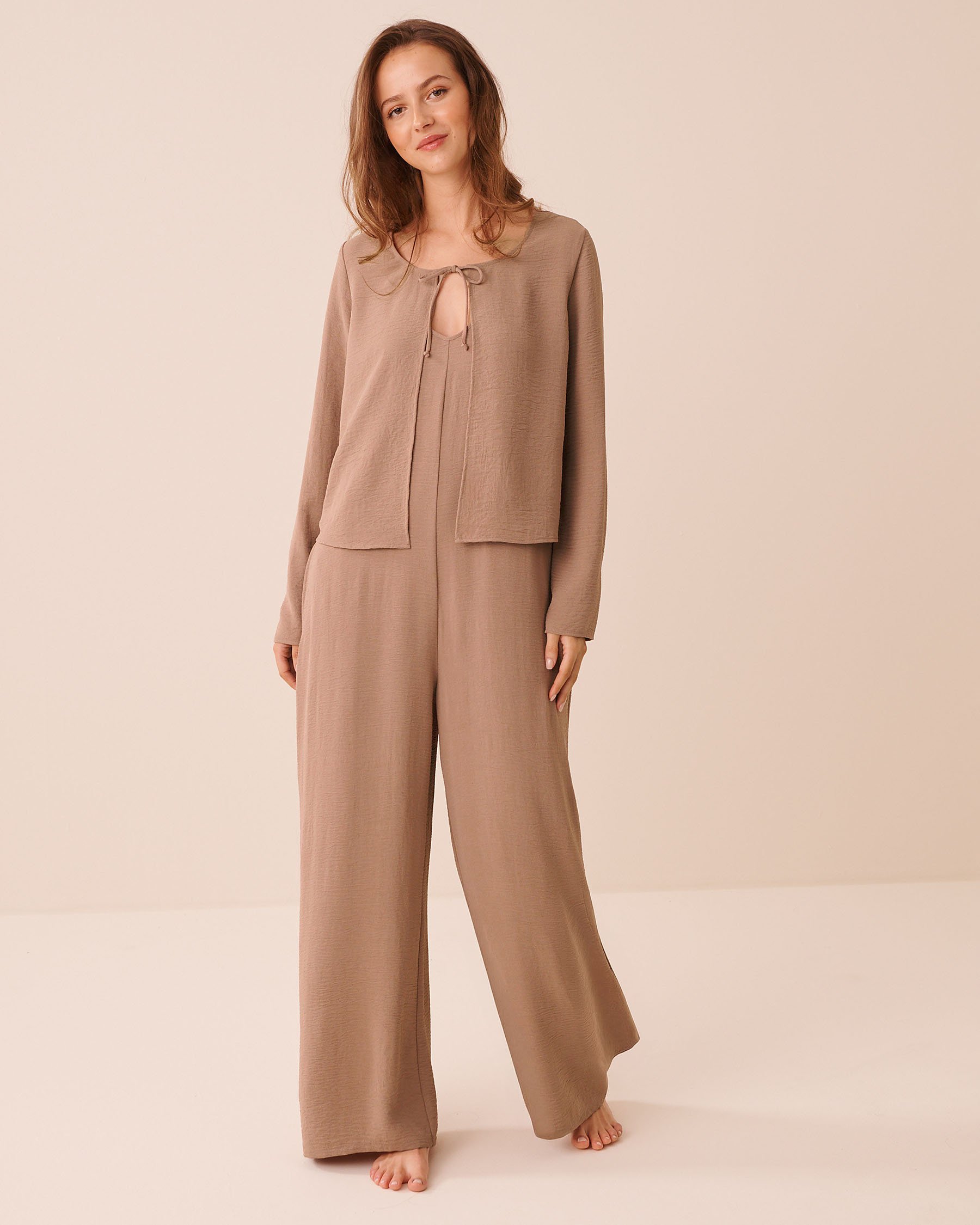 LA VIE EN ROSE Tie-Front Crinkle Long Sleeve Top Light Brown 50100133 - View5
