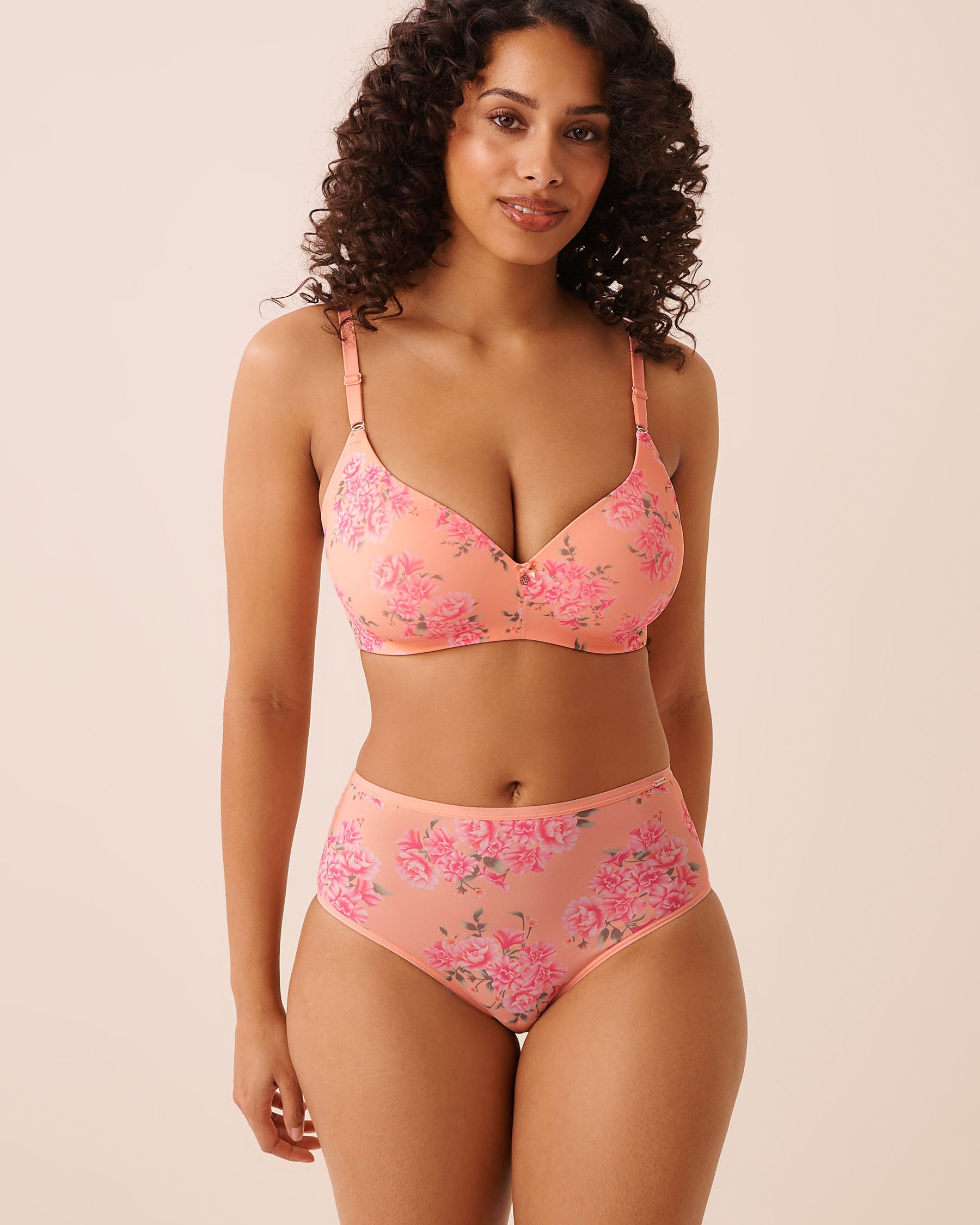 LA VIE EN ROSE Culotte bikini taille haute microfibre dos lisse Pêche/Fleurs roses 20300511 - Voir4