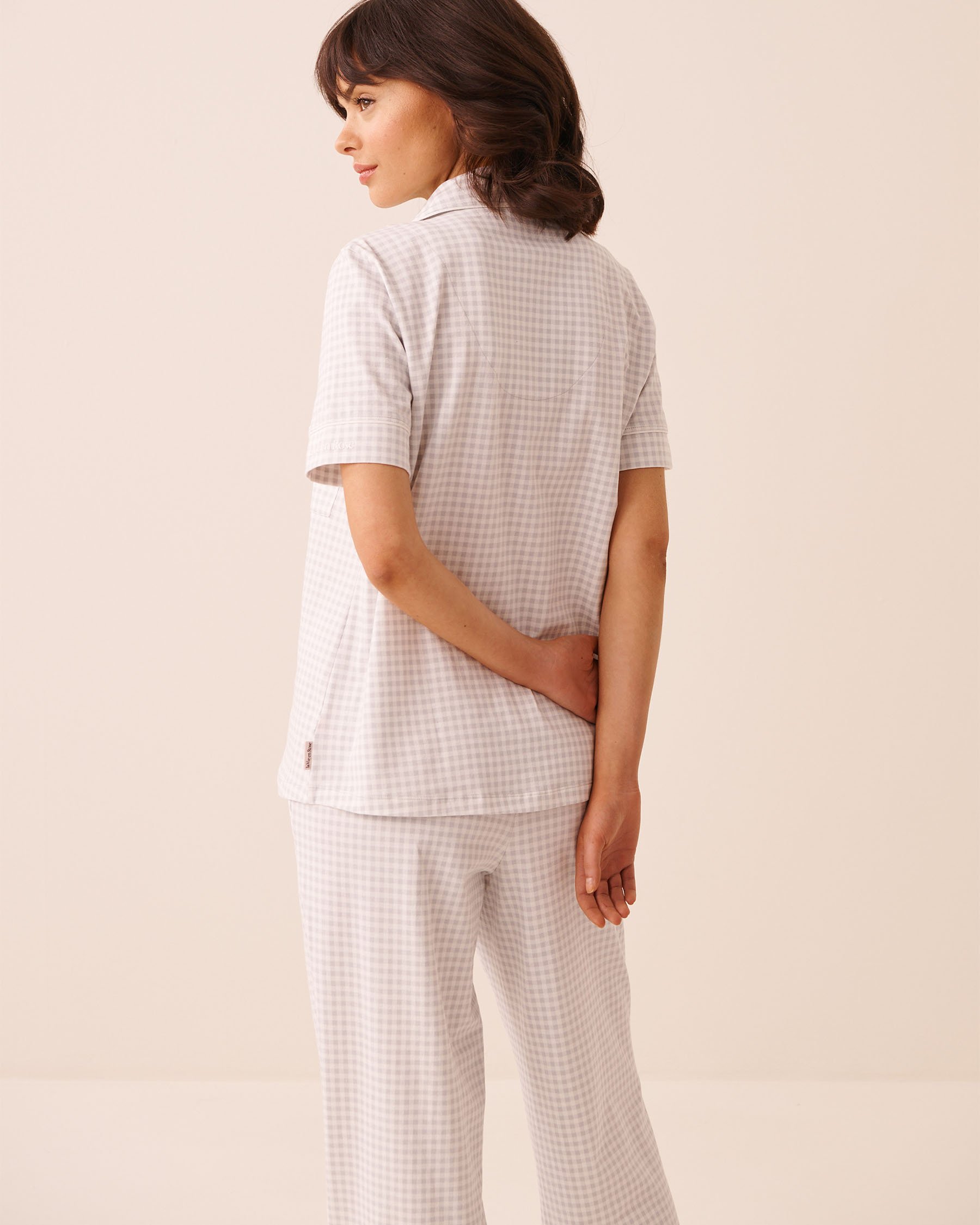 LA VIE EN ROSE Cotton Short Sleeve Button-down Shirt Grey Gingham 40100858 - View2