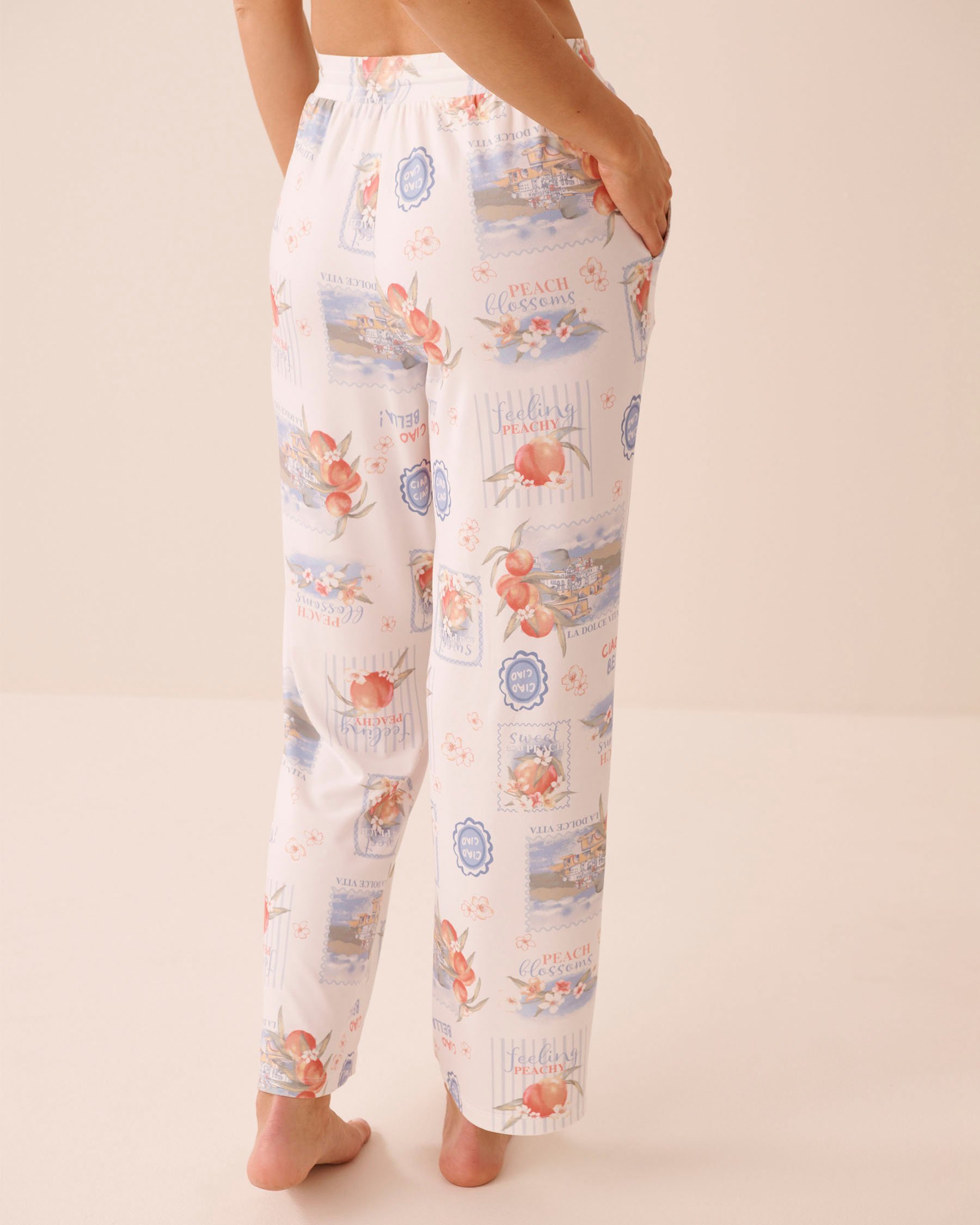 LA VIE EN ROSE Pantalon de pyjama ultra doux imprimé dolce vita Blanc/Pêches 40200848 - Voir3