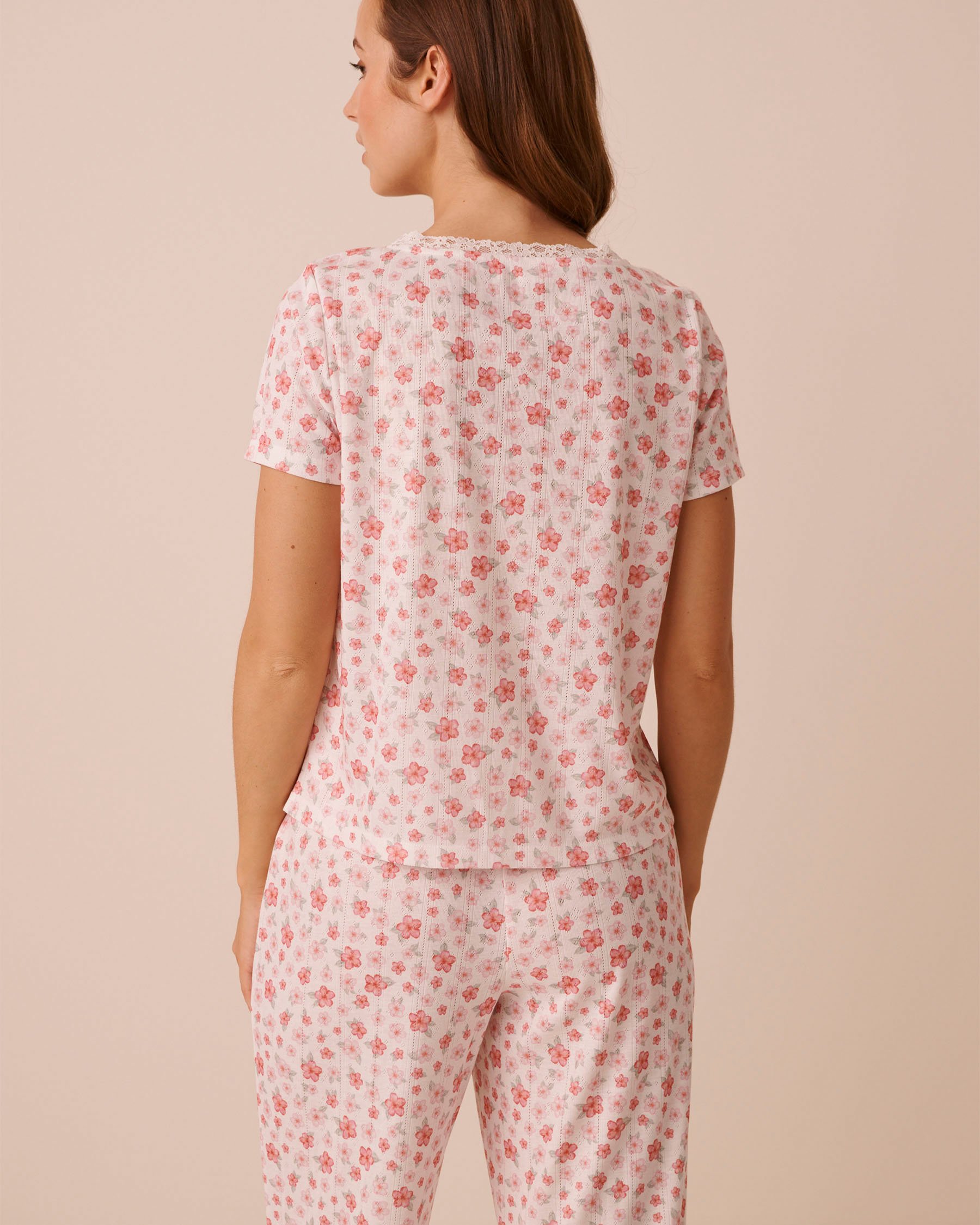 LA VIE EN ROSE Hibiscus Print Pointelle Tie-Front Short Sleeve T-Shirt White 40100871 - View2