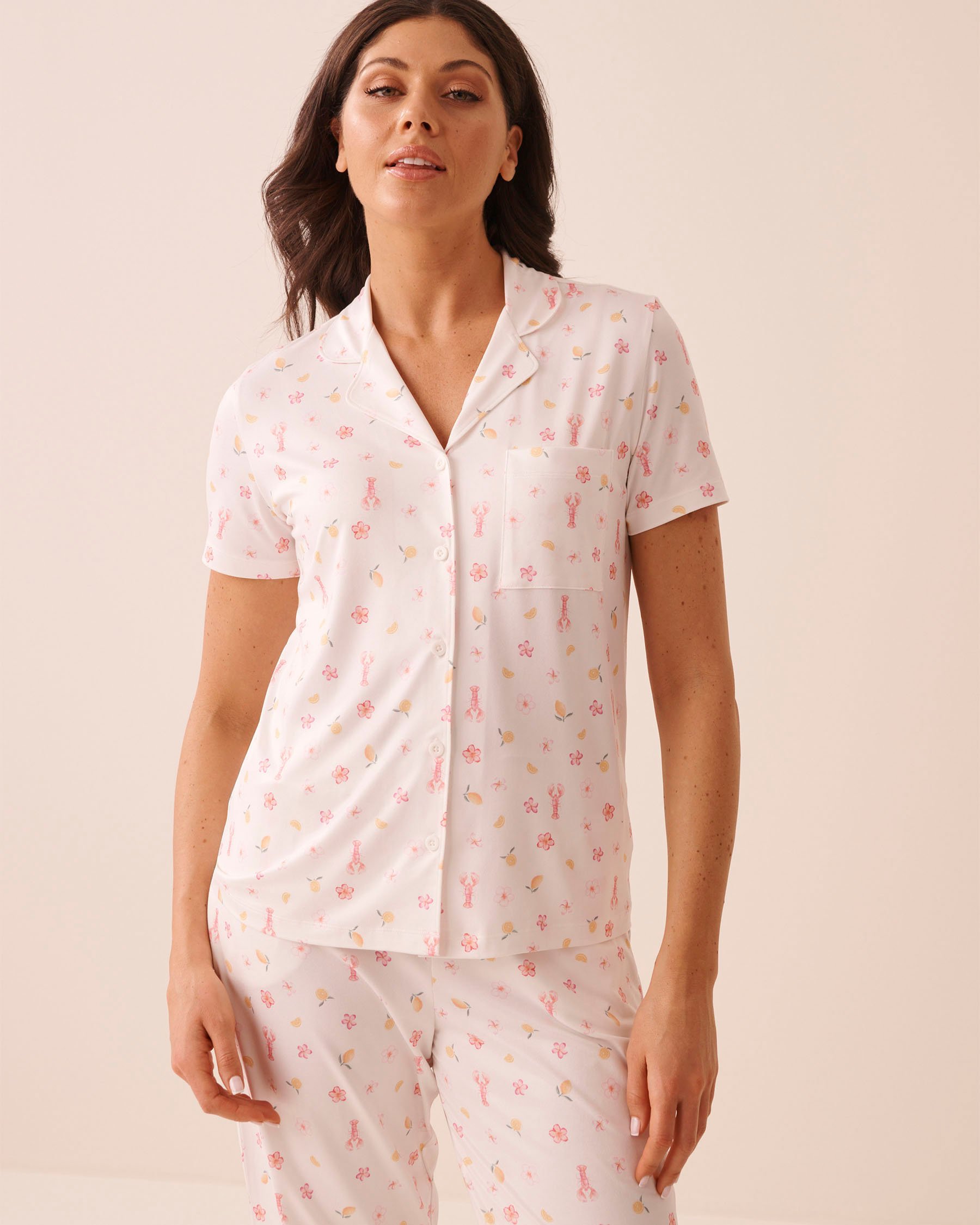 LA VIE EN ROSE Lobster Floral Print Super Soft Short Sleeve Button-down Shirt White 40100862 - View1