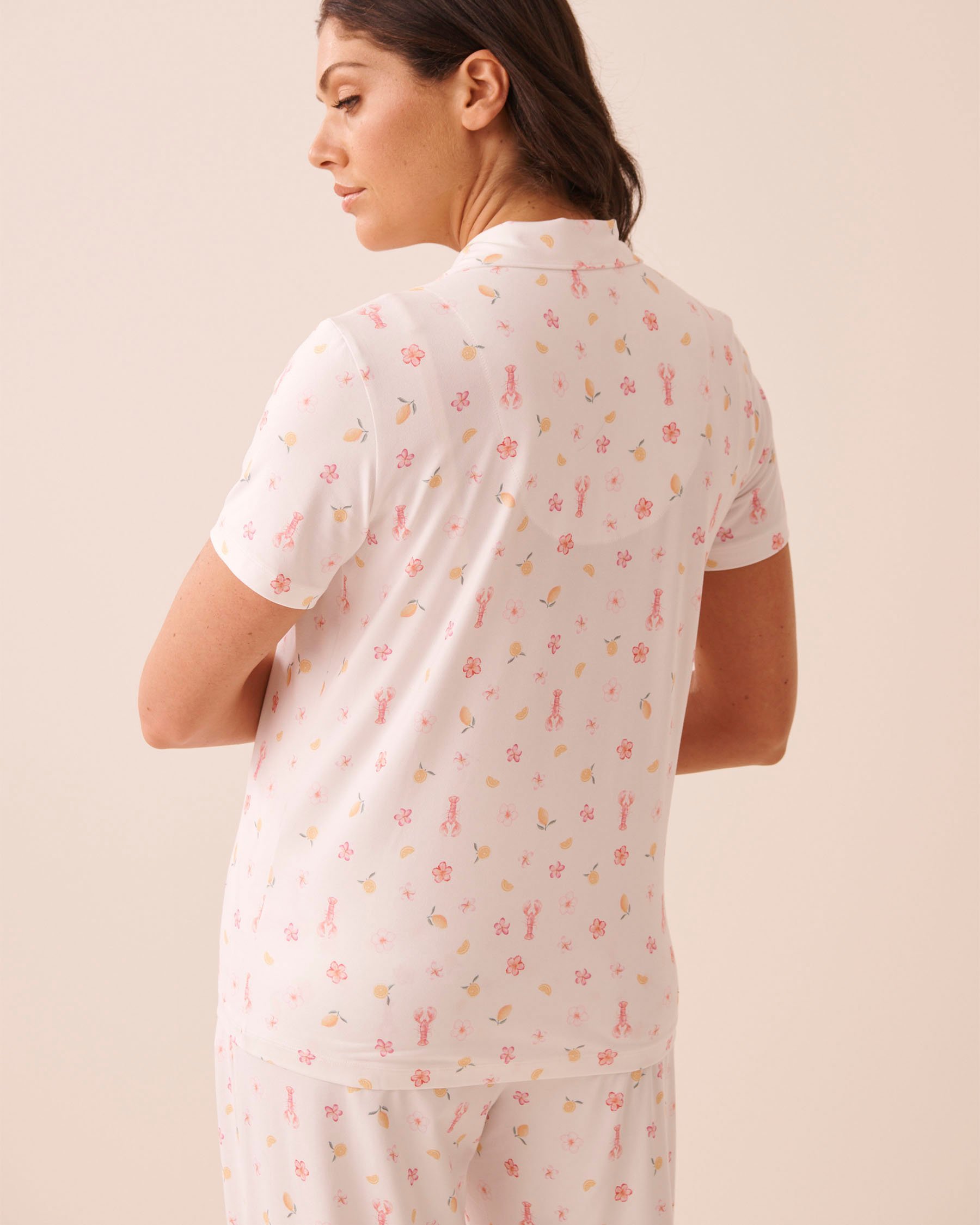LA VIE EN ROSE Lobster Floral Print Super Soft Short Sleeve Button-down Shirt White 40100862 - View2