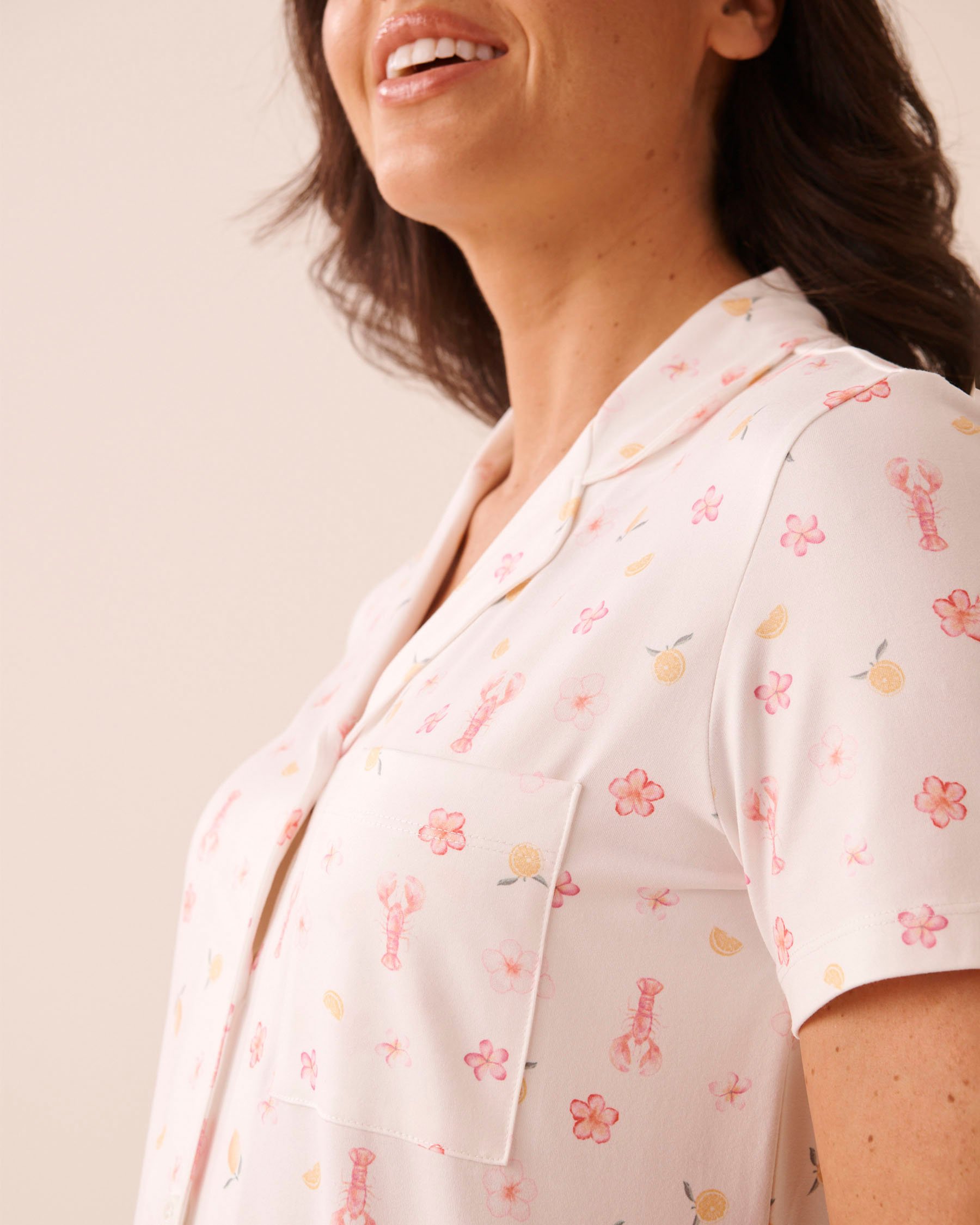 LA VIE EN ROSE Chemisier manches courtes ultra doux imprimé homard à fleurs Blanc 40100862 - Voir3