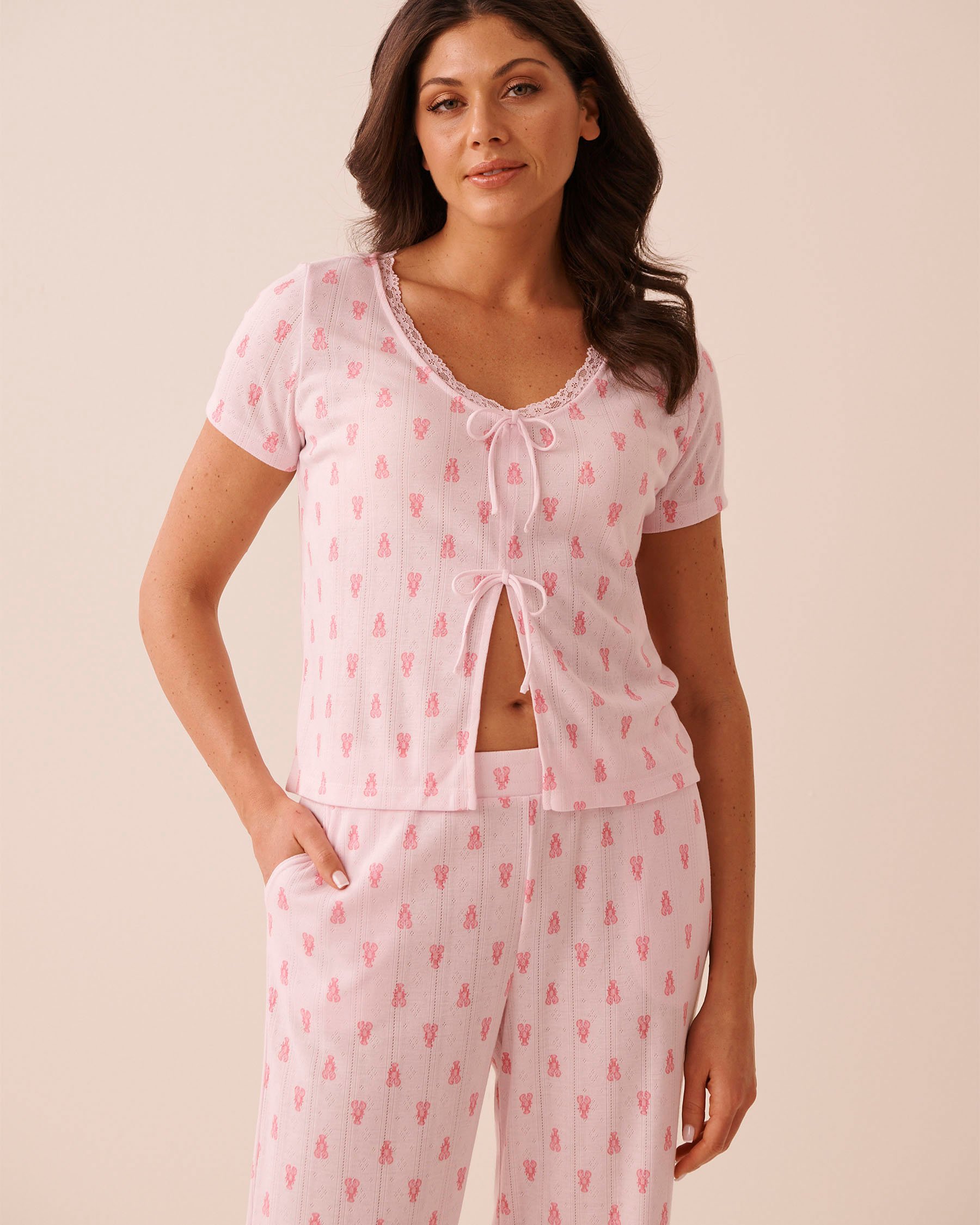 LA VIE EN ROSE Lobster Print Pointelle Tie-Front Short Sleeve T-shirt Pink 40100871 - View1