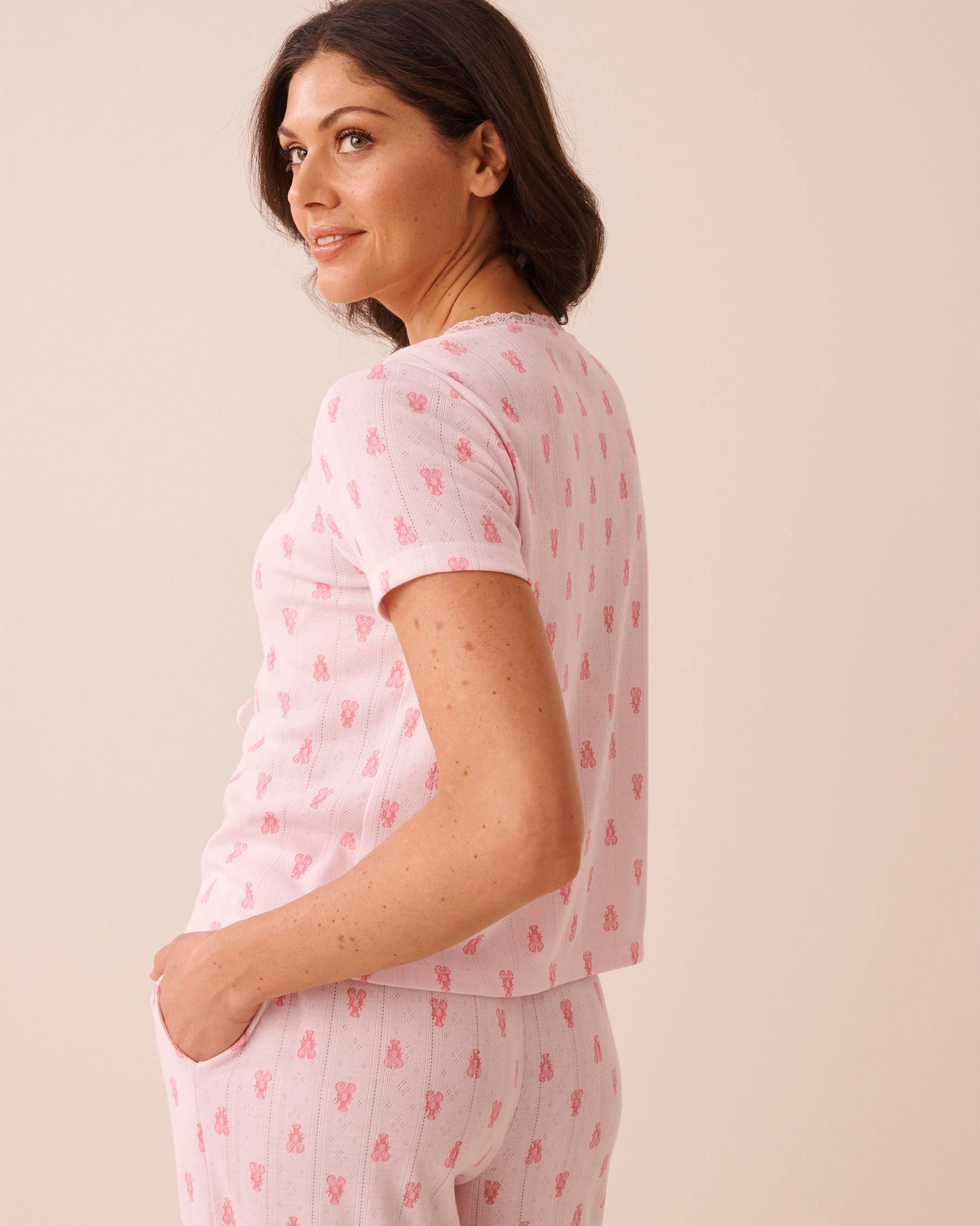 LA VIE EN ROSE Lobster Print Pointelle Tie-Front Short Sleeve T-shirt Pink 40100871 - View2