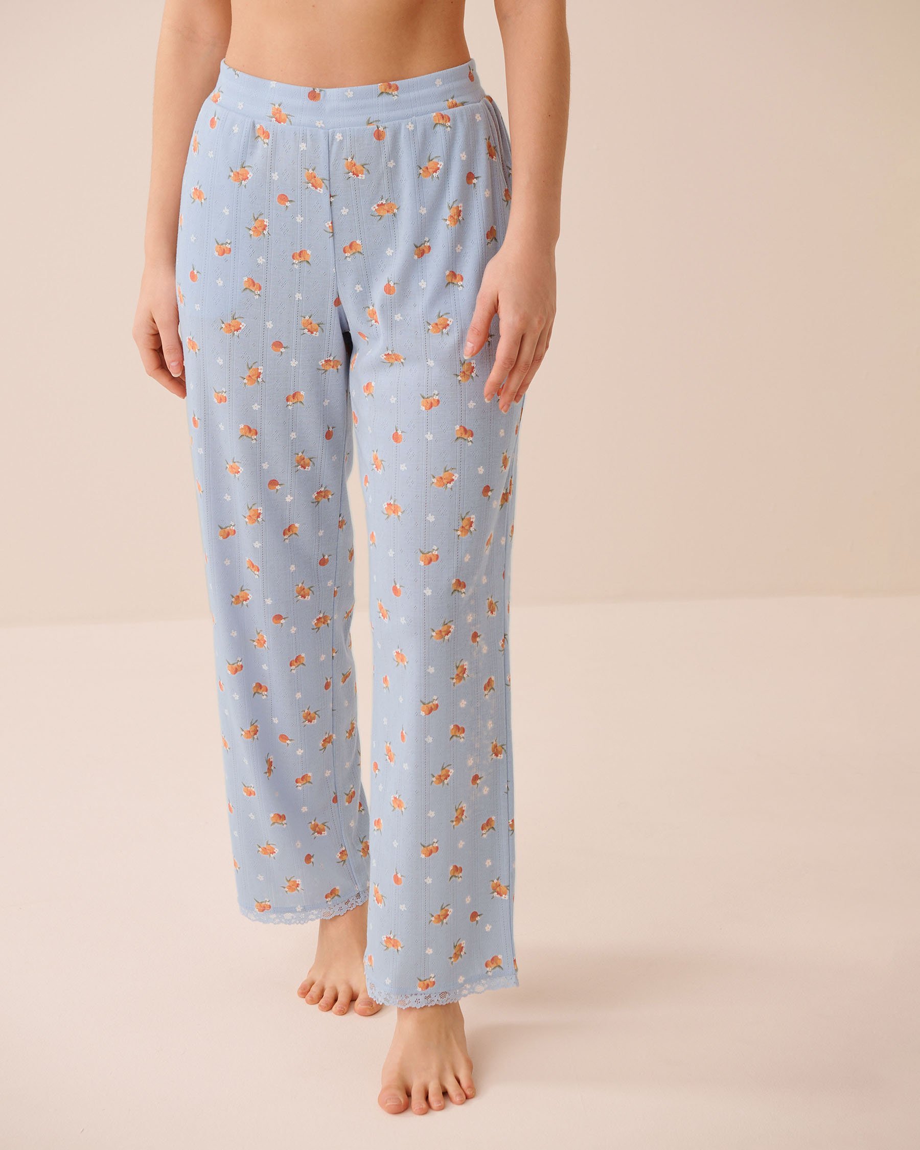 LA VIE EN ROSE Peach Print Lace Trim Pointelle Pajama Pants Blue 40200852 - View1