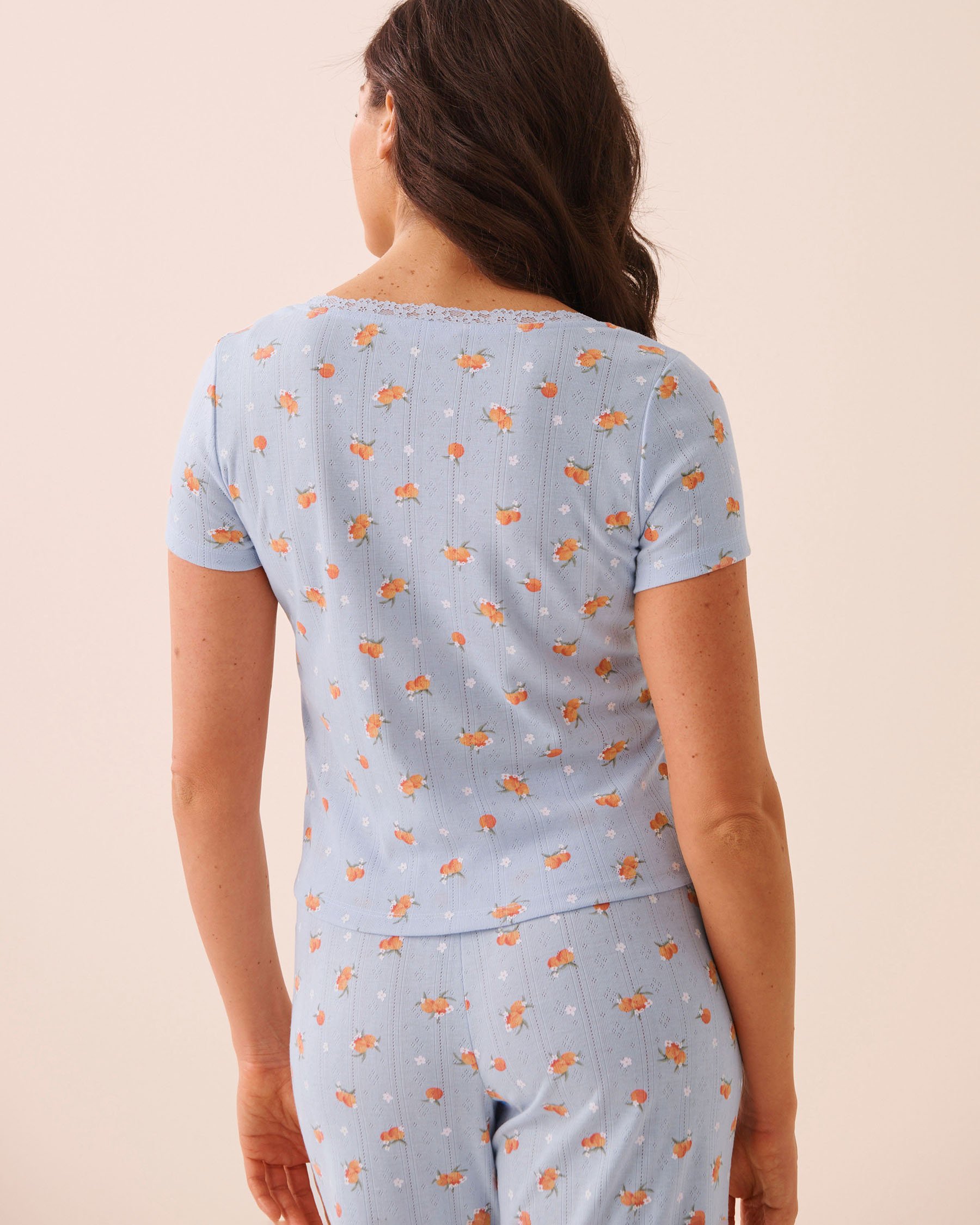 LA VIE EN ROSE Peach Print Lace Trim Pointelle Short Sleeve T-shirt Blue 40100870 - View2
