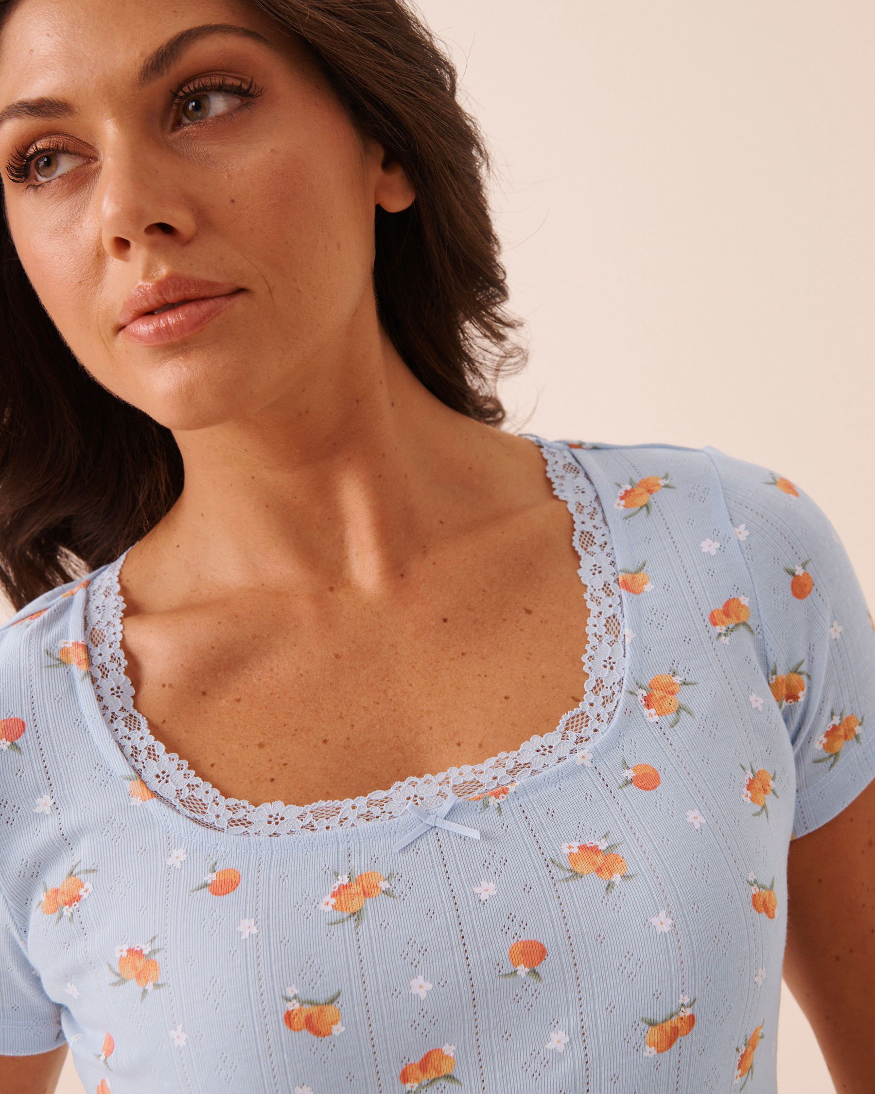LA VIE EN ROSE Peach Print Lace Trim Pointelle Short Sleeve T-shirt Blue 40100870 - View3