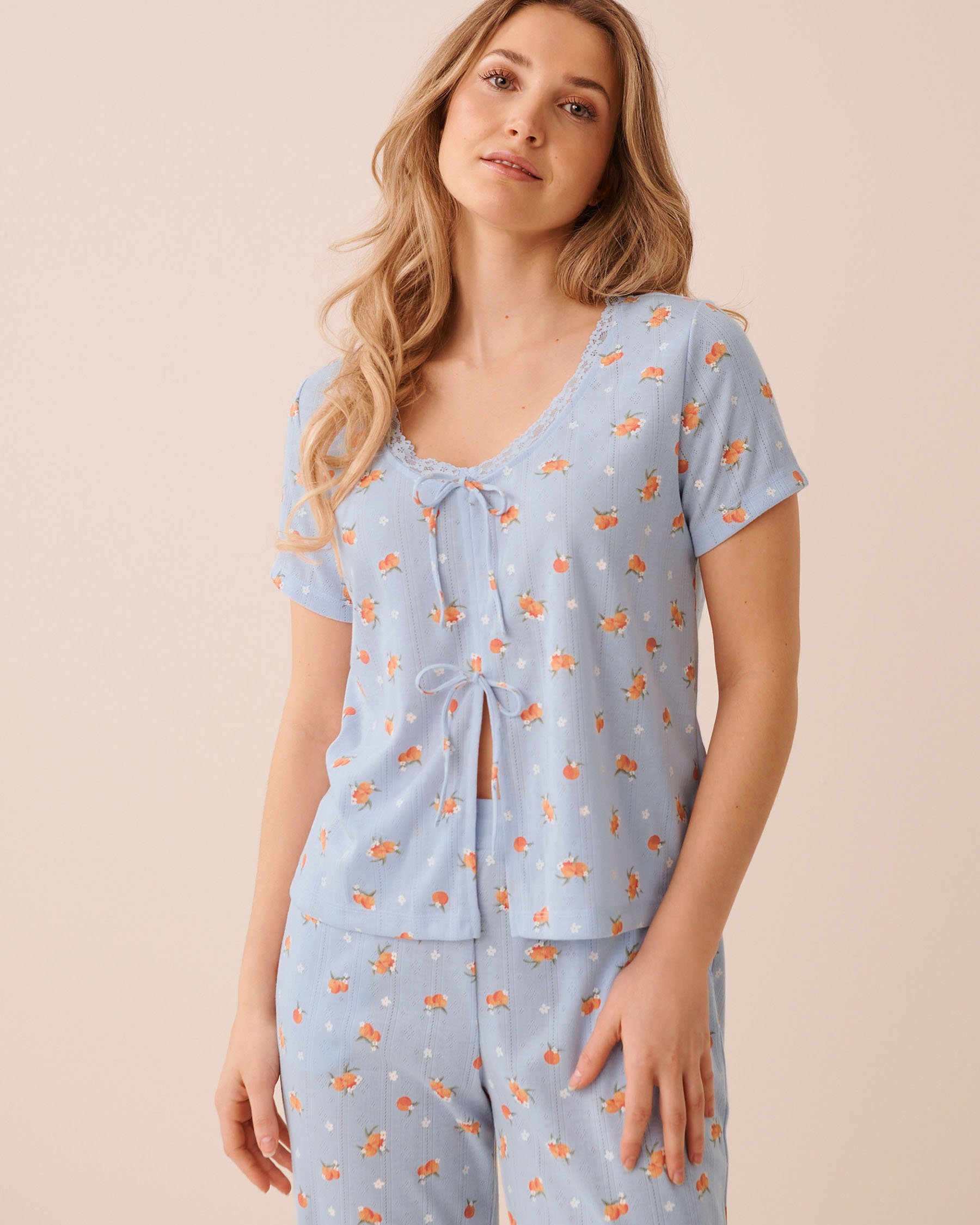 LA VIE EN ROSE Peach Print Pointelle Tie-Front Short Sleeve T-shirt Blue 40100871 - View5