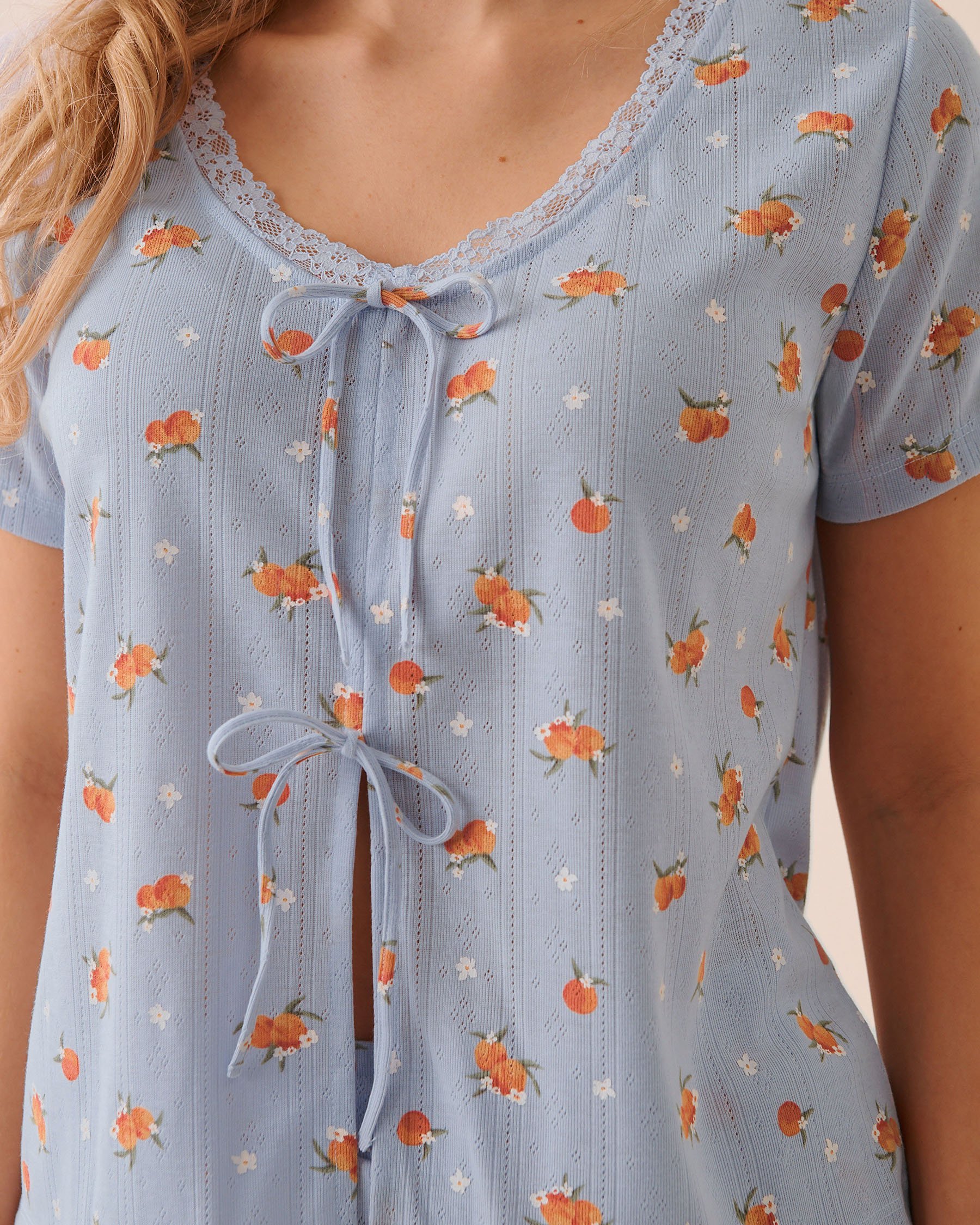 LA VIE EN ROSE Peach Print Pointelle Tie-Front Short Sleeve T-shirt Blue 40100871 - View6