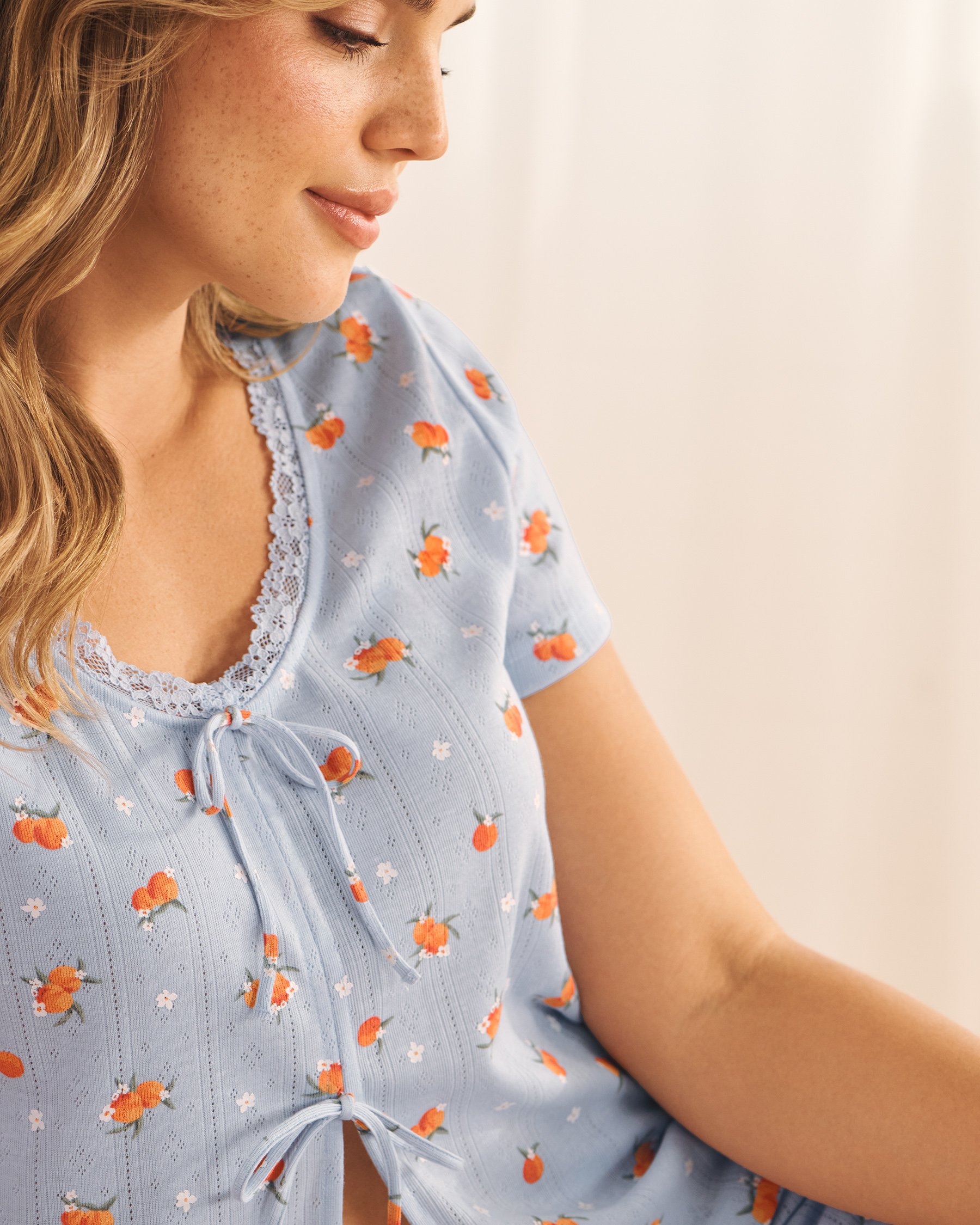 LA VIE EN ROSE Peach Print Pointelle Tie-Front Short Sleeve T-shirt Blue 40100871 - View3