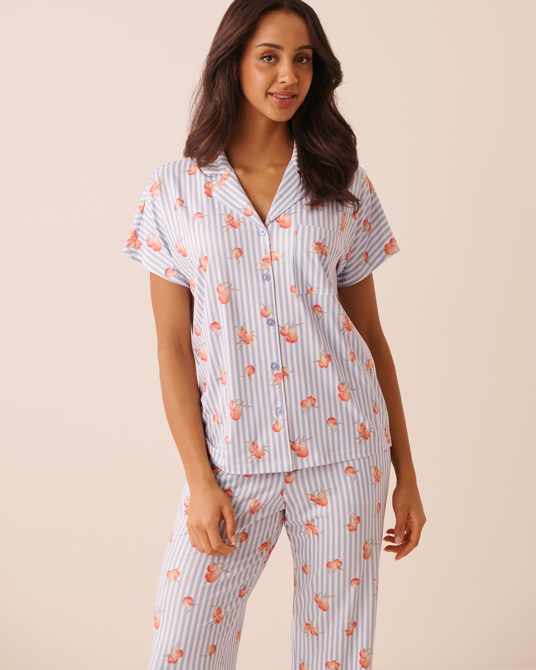 LA VIE EN ROSE Peach Stripe Print Super Soft Short Sleeve Button-down Shirt Blue Stripes/Peaches 40100867 - View1