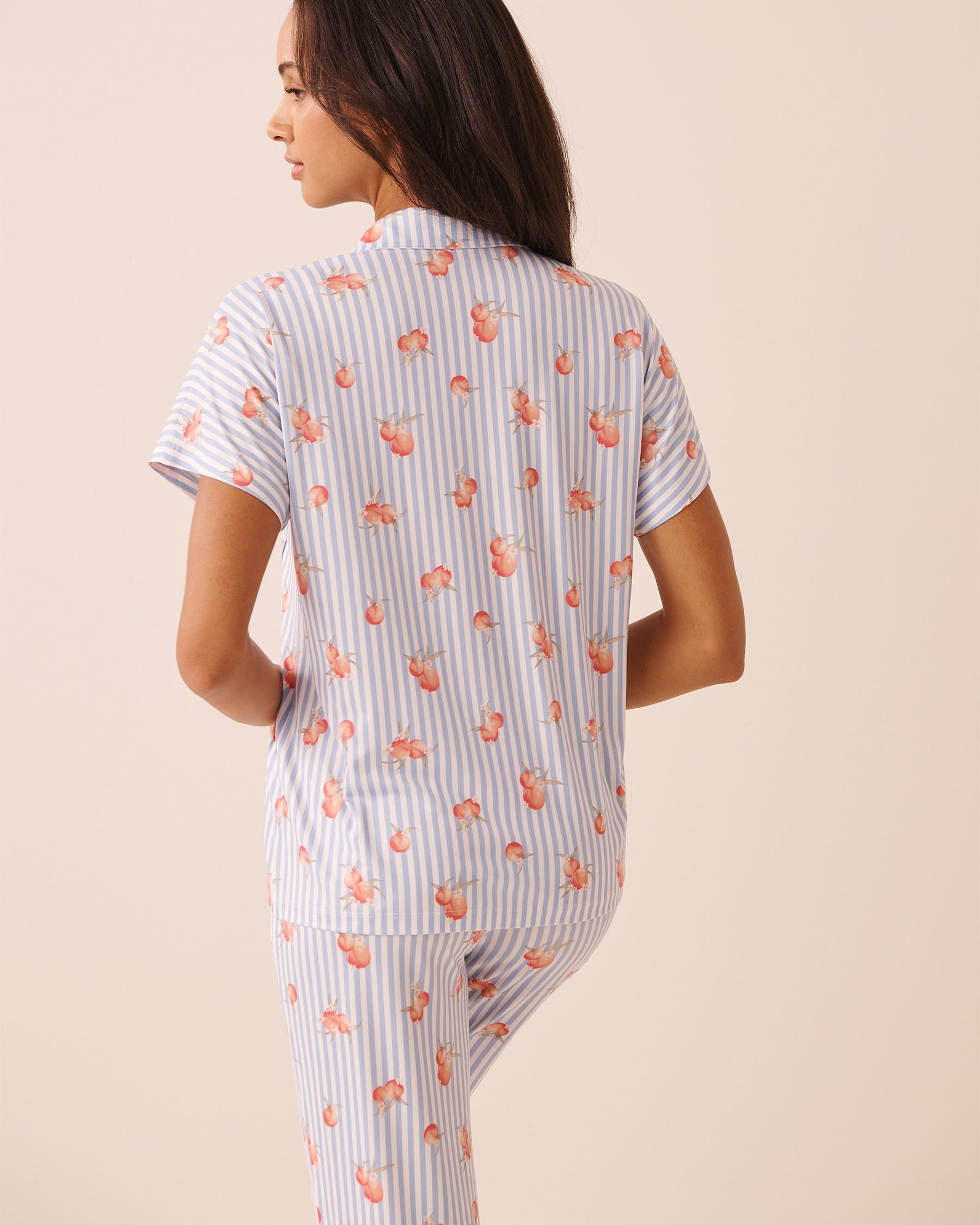 LA VIE EN ROSE Peach Stripe Print Super Soft Short Sleeve Button-down Shirt Blue Stripes/Peaches 40100867 - View2