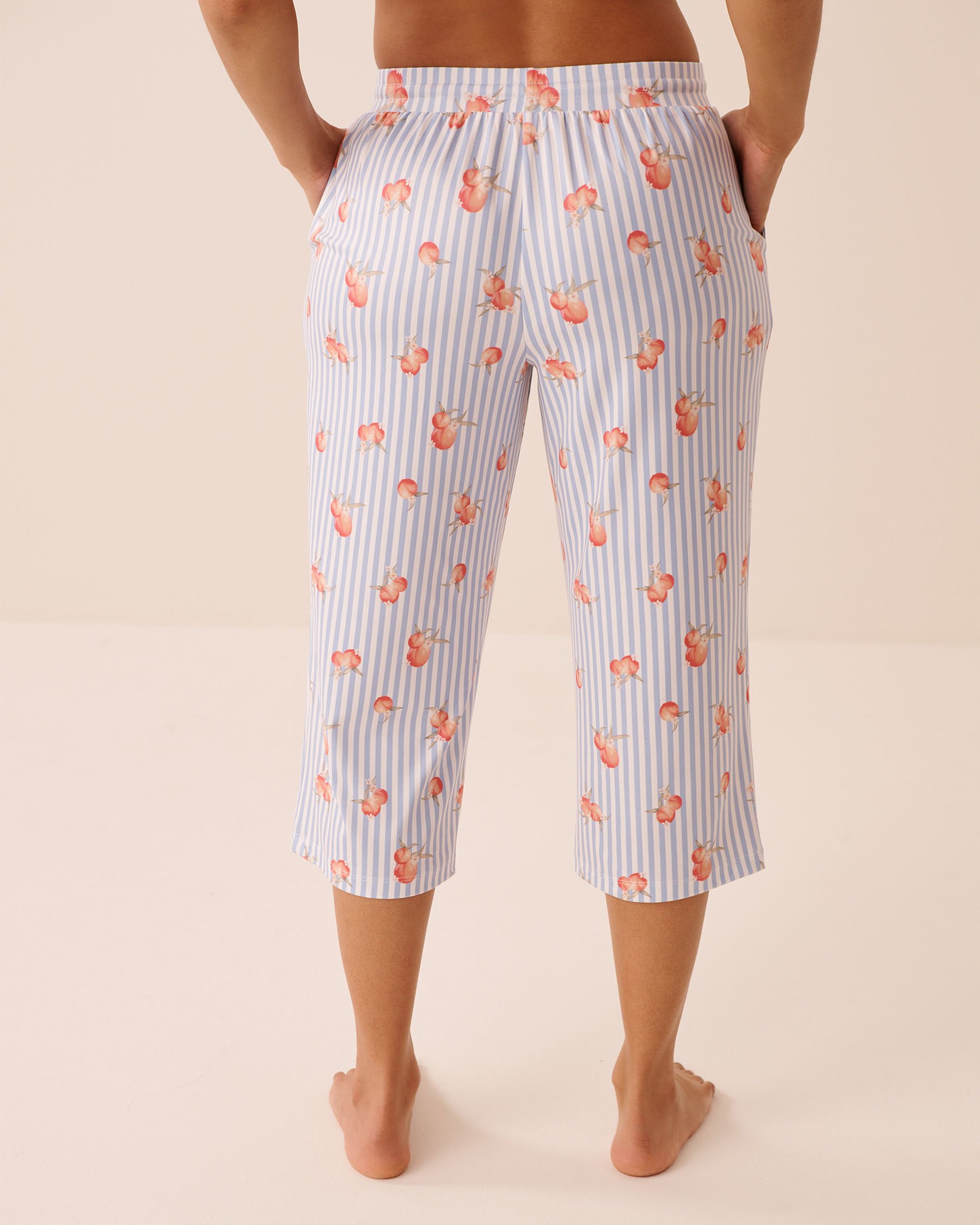 LA VIE EN ROSE Peach & Stripe Print Super Soft Pajama Capris Blue Stripes/Peaches 40200847 - View2
