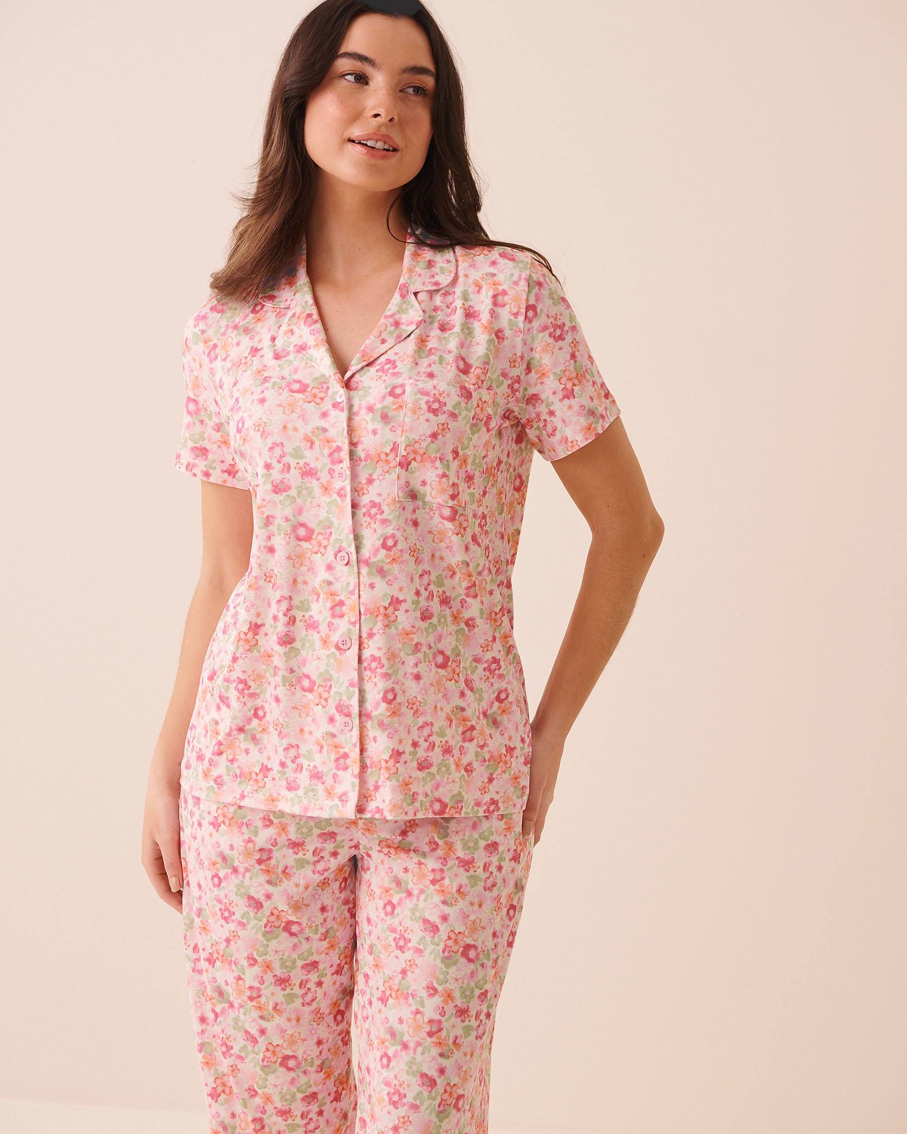 LA VIE EN ROSE Watercolor Floral Print Super Soft Short Sleeve Button-down Shirt Watercolor Floral 40100862 - View1