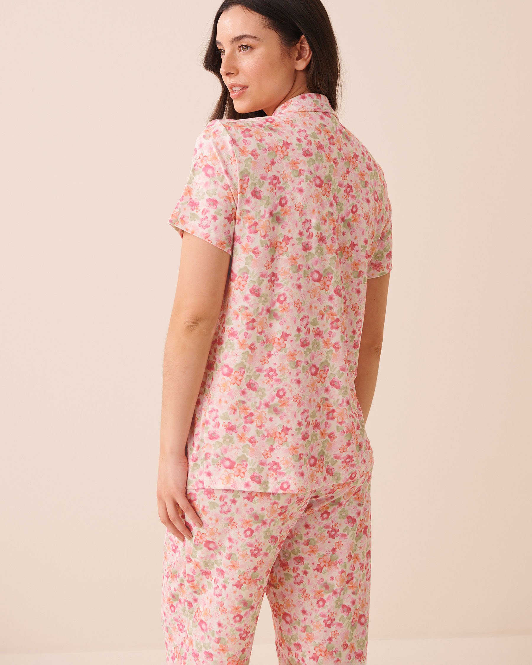 LA VIE EN ROSE Watercolor Floral Print Super Soft Short Sleeve Button-down Shirt Watercolor Floral 40100862 - View2