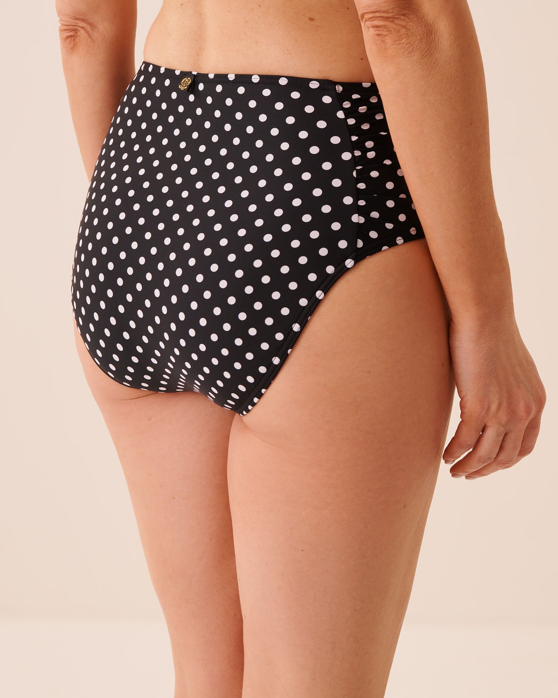 LA VIE EN ROSE AQUA POLKA DOT Light Control Shirred-Side High-Waist Bikini Bottom Black Polka Dot 70300903 - View2