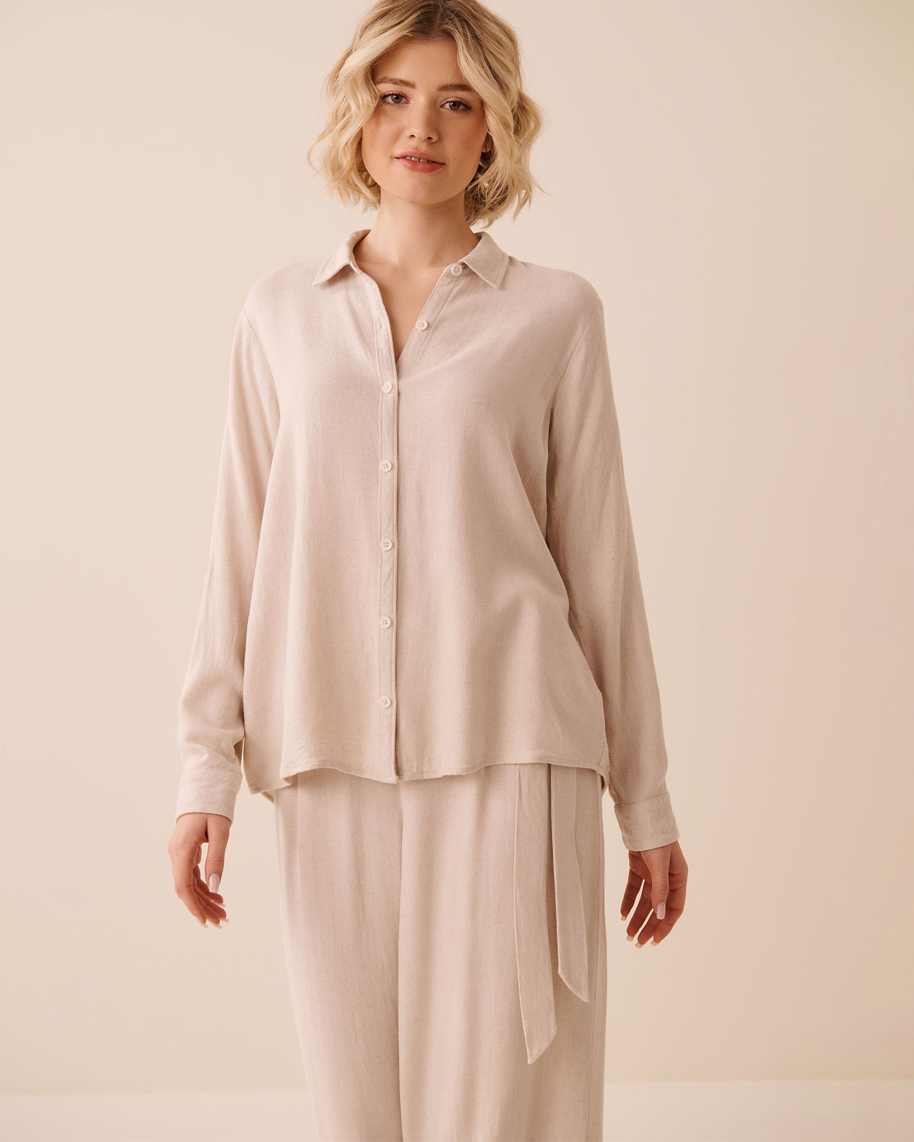 LA VIE EN ROSE AQUA Linen Blend Button-down Shirt Sand 80100044 - View3