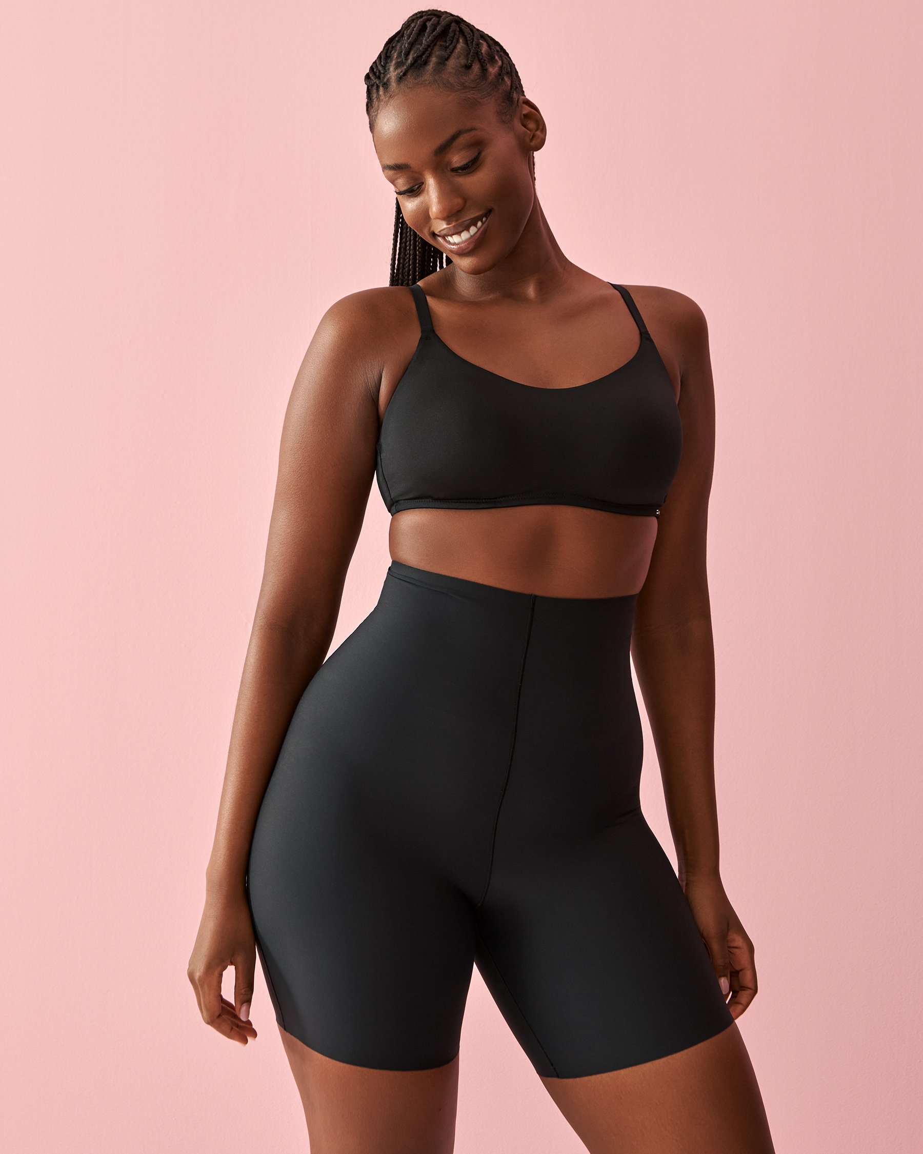 LA VIE EN ROSE Medium Support Microfiber High Waist Mid-Thigh Shaper Shorts Black 30200005 - View1