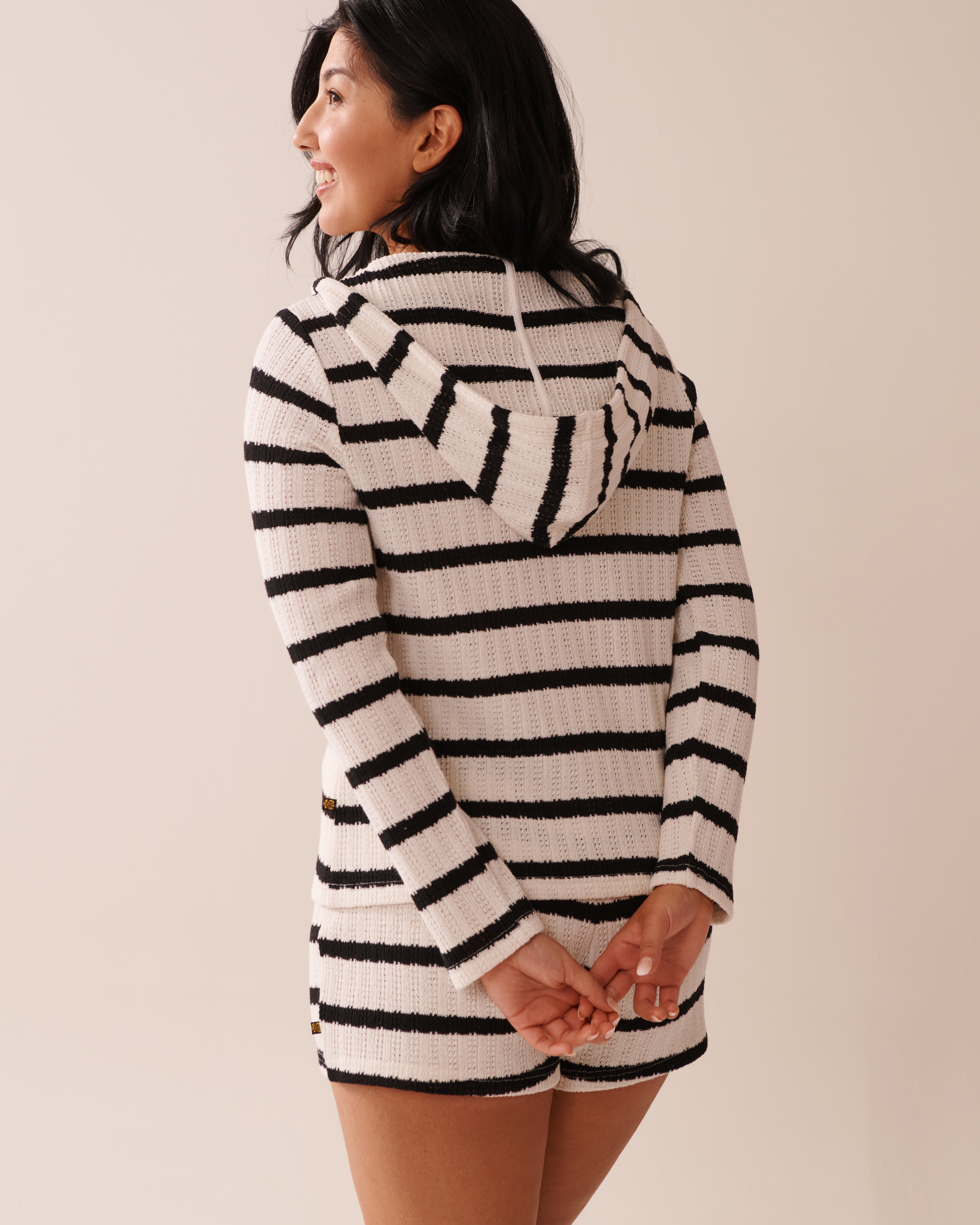 LA VIE EN ROSE AQUA Hooded Tricot Tunic Black & White Stripes 80100033 - View4