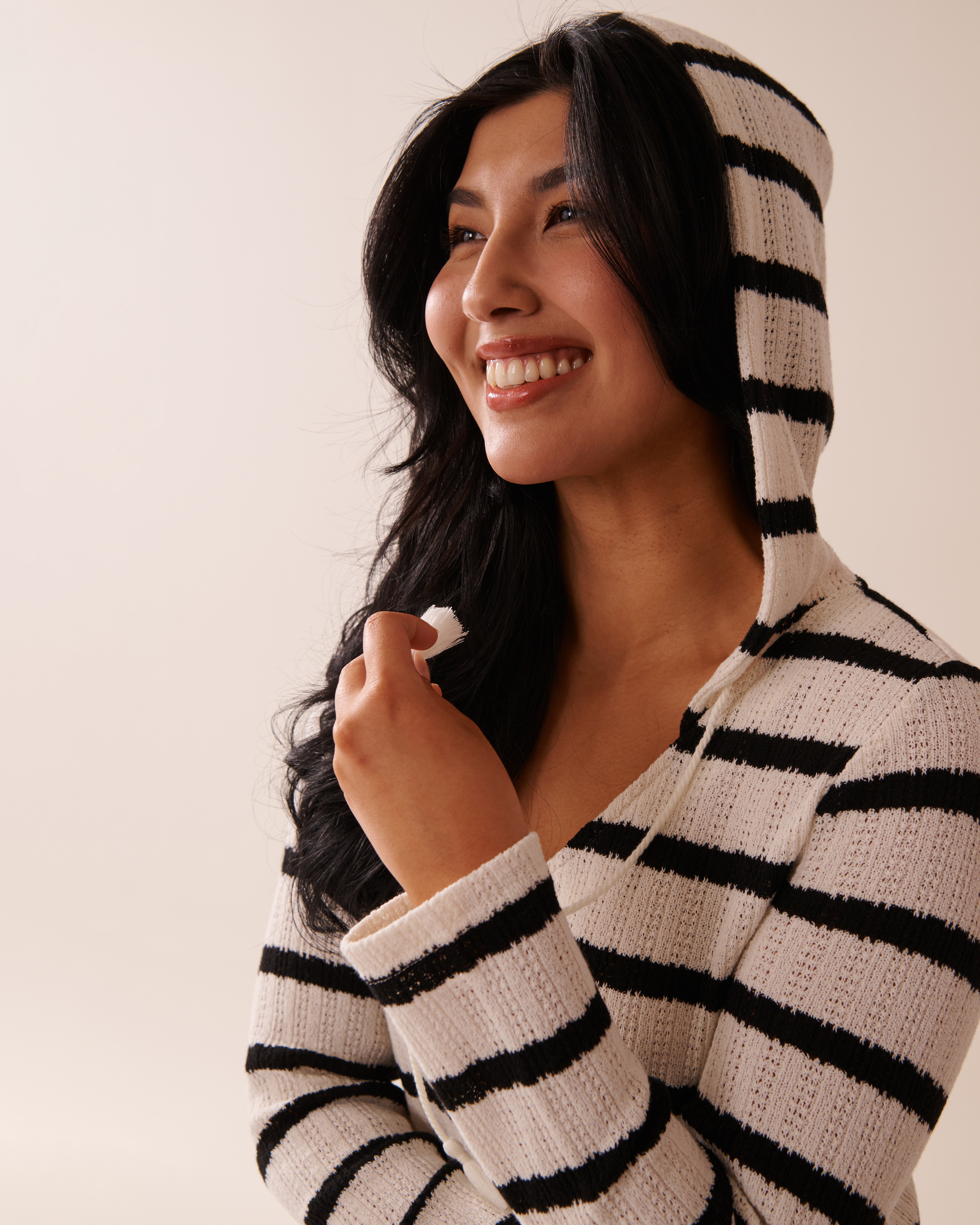 LA VIE EN ROSE AQUA Hooded Tricot Tunic Black & White Stripes 80100033 - View5