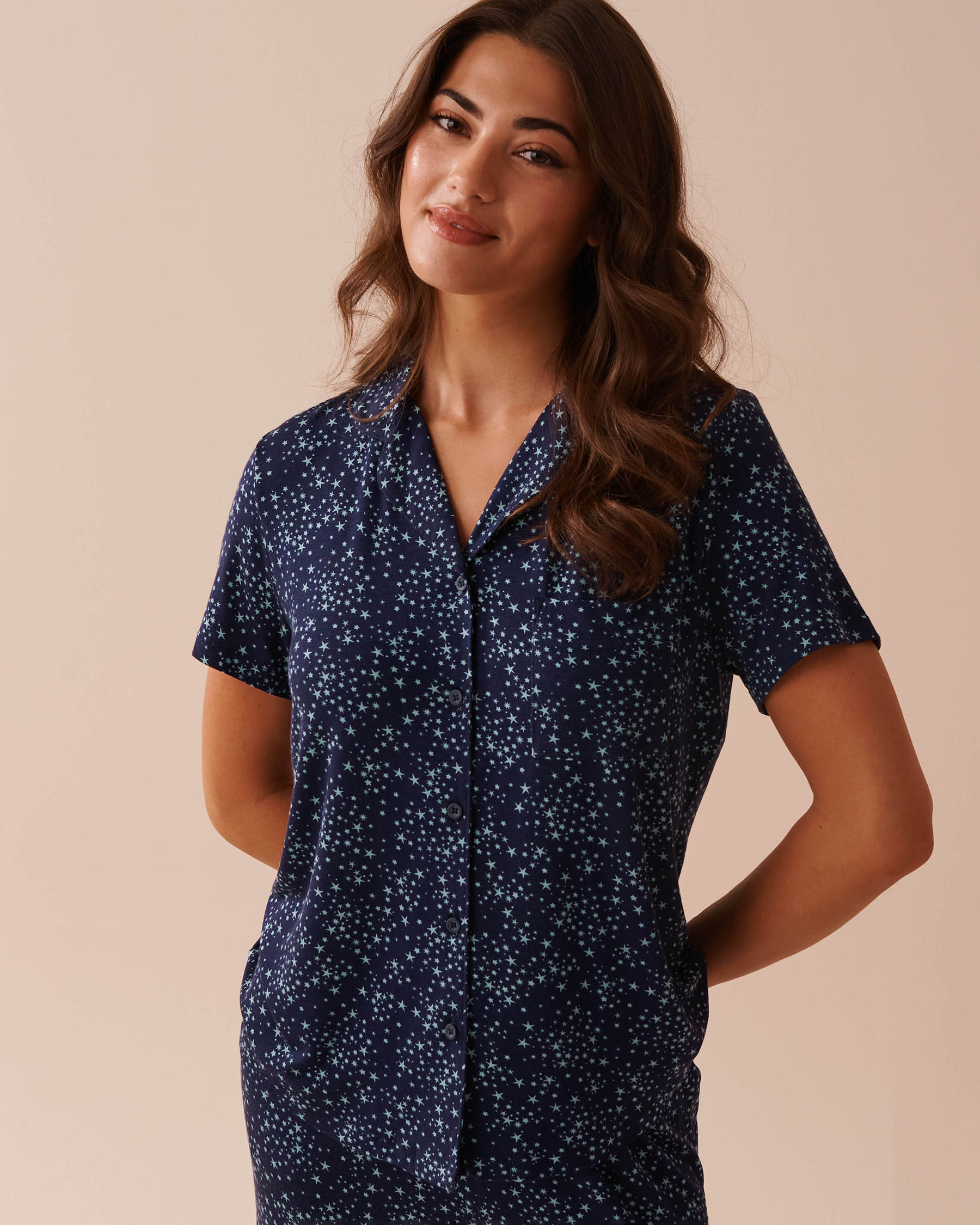 LA VIE EN ROSE Soft Jersey Short Sleeve Button-down Shirt Little Blue Stars 40100626 - View1