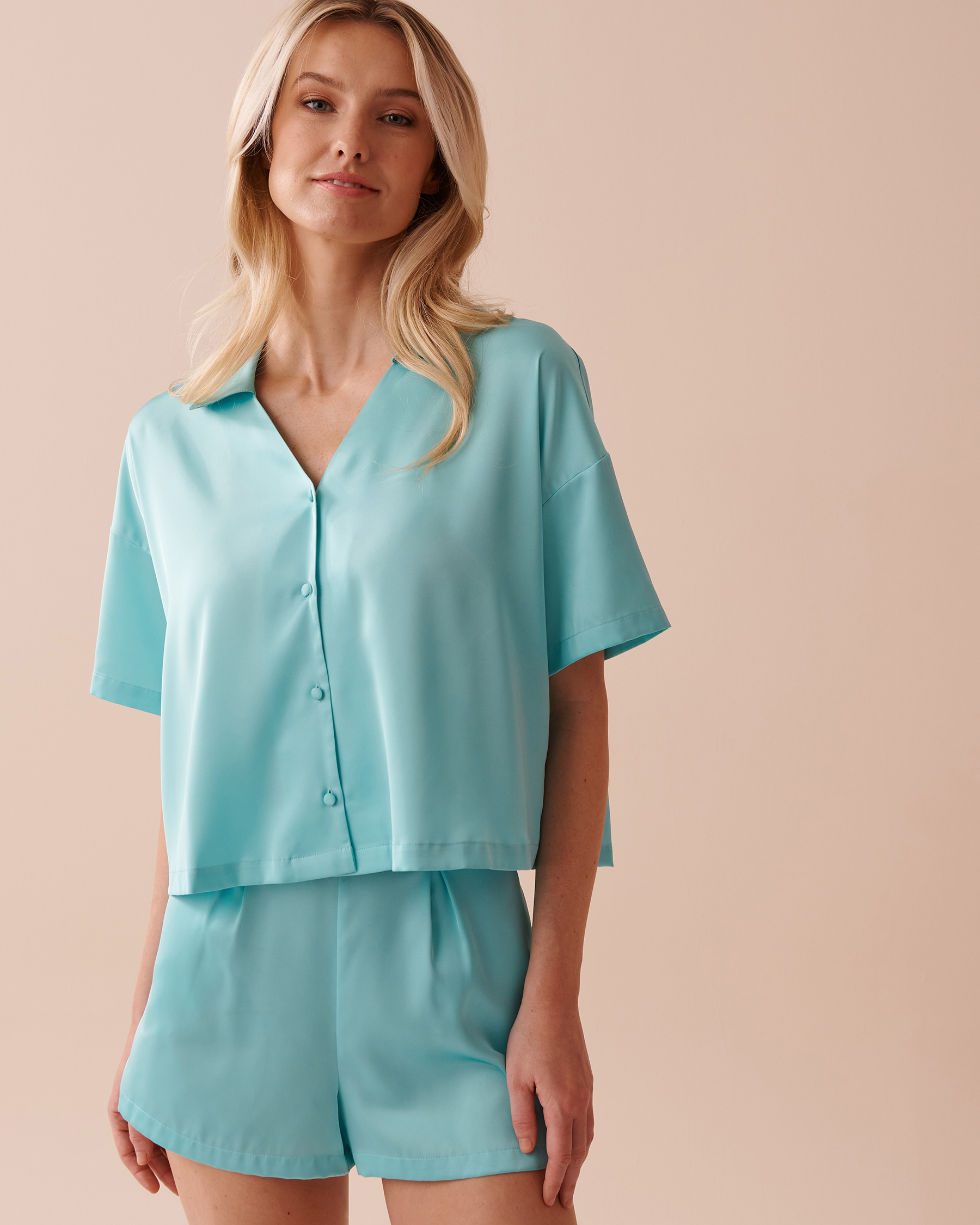 LA VIE EN ROSE Satin Crop Button-down Shirt Blue Raspberry Slush 60100104 - View1