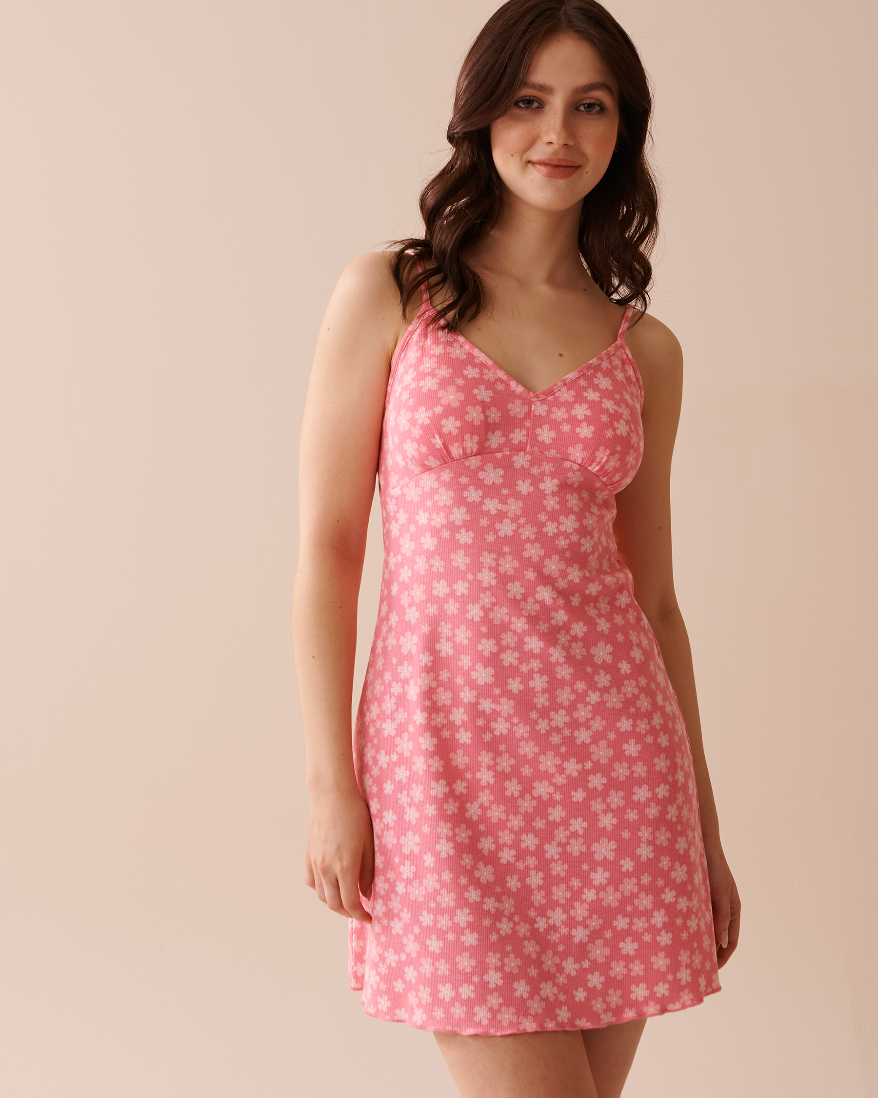 LA VIE EN ROSE Lettuce Edge Ribbed Nightie Pink Flower Garden 40500359 - View1